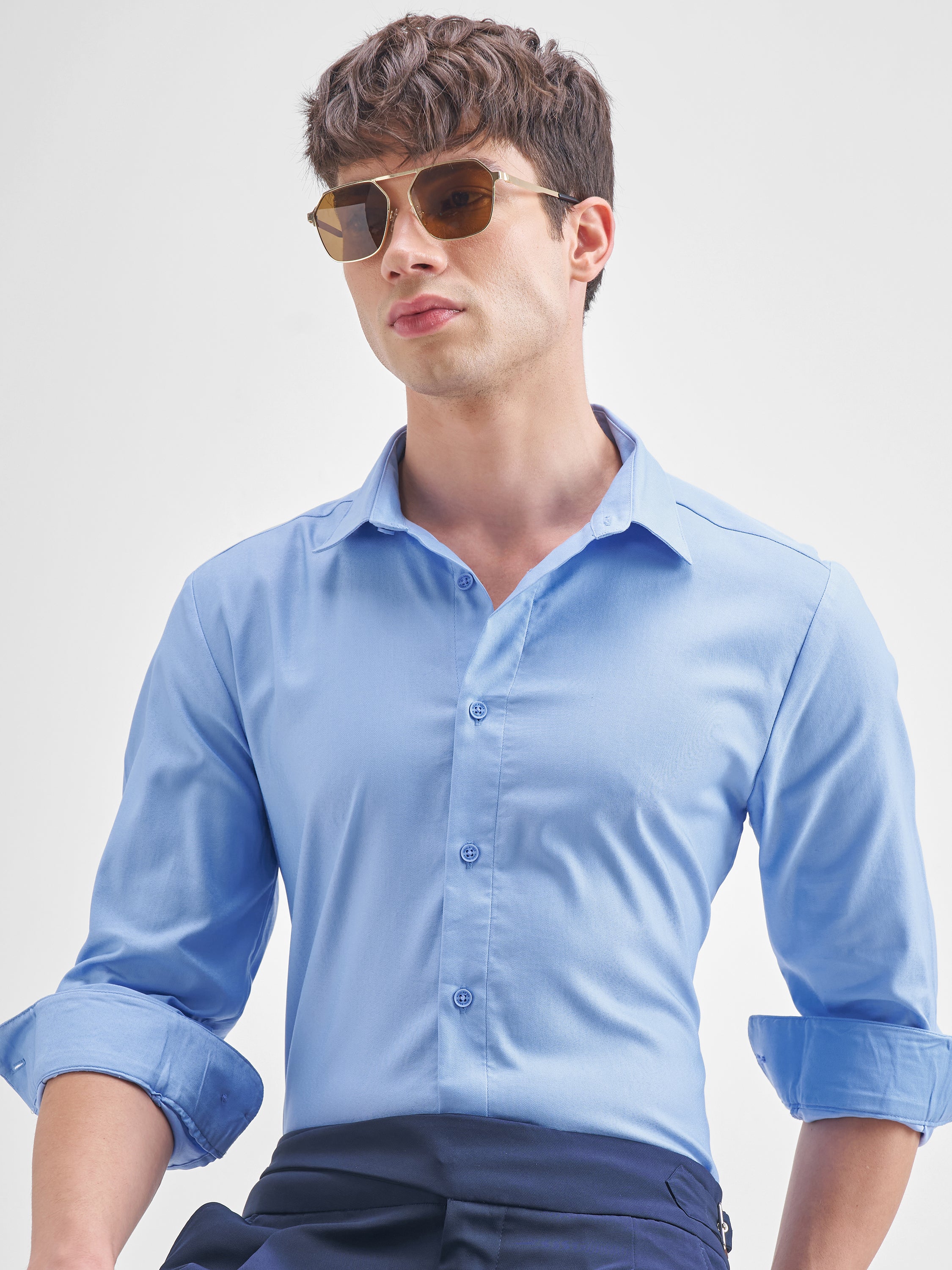 Highlander Men Blue Solid Slim Fit Casual Shirt - Blue - Image 1