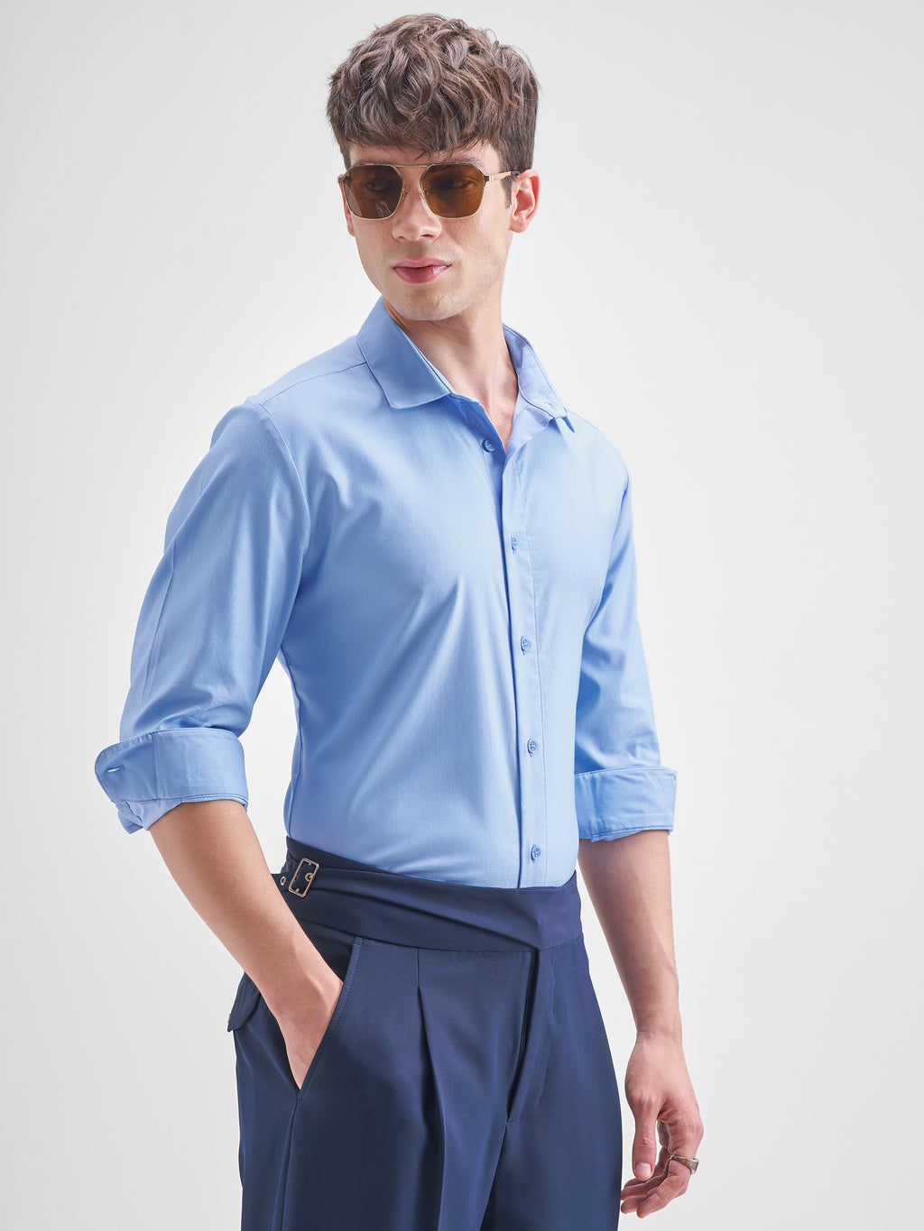 Highlander Men Blue Solid Slim Fit Casual Shirt - Blue - Image 6