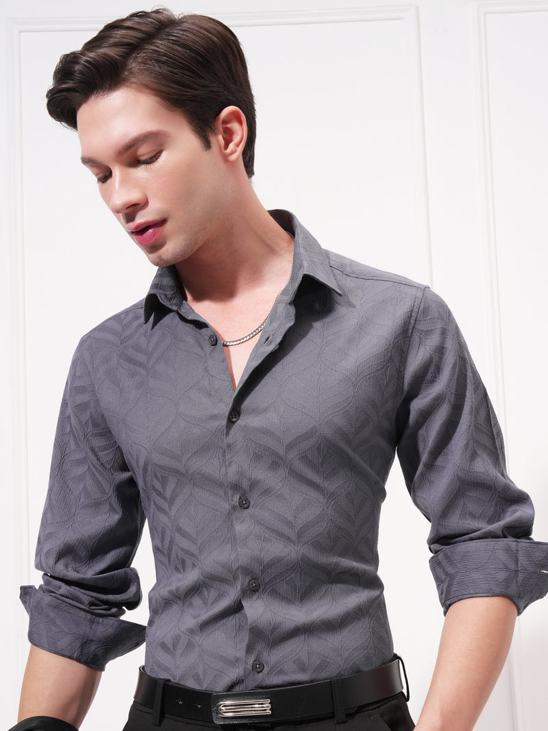 Highlander Men Grey Self Design Slim Fit Casual Shirt - Grey - Image 1