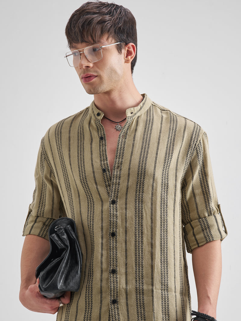 Highlander Men Khaki Striped Relaxed Fit Casual Shirt - Khaki - Image 1