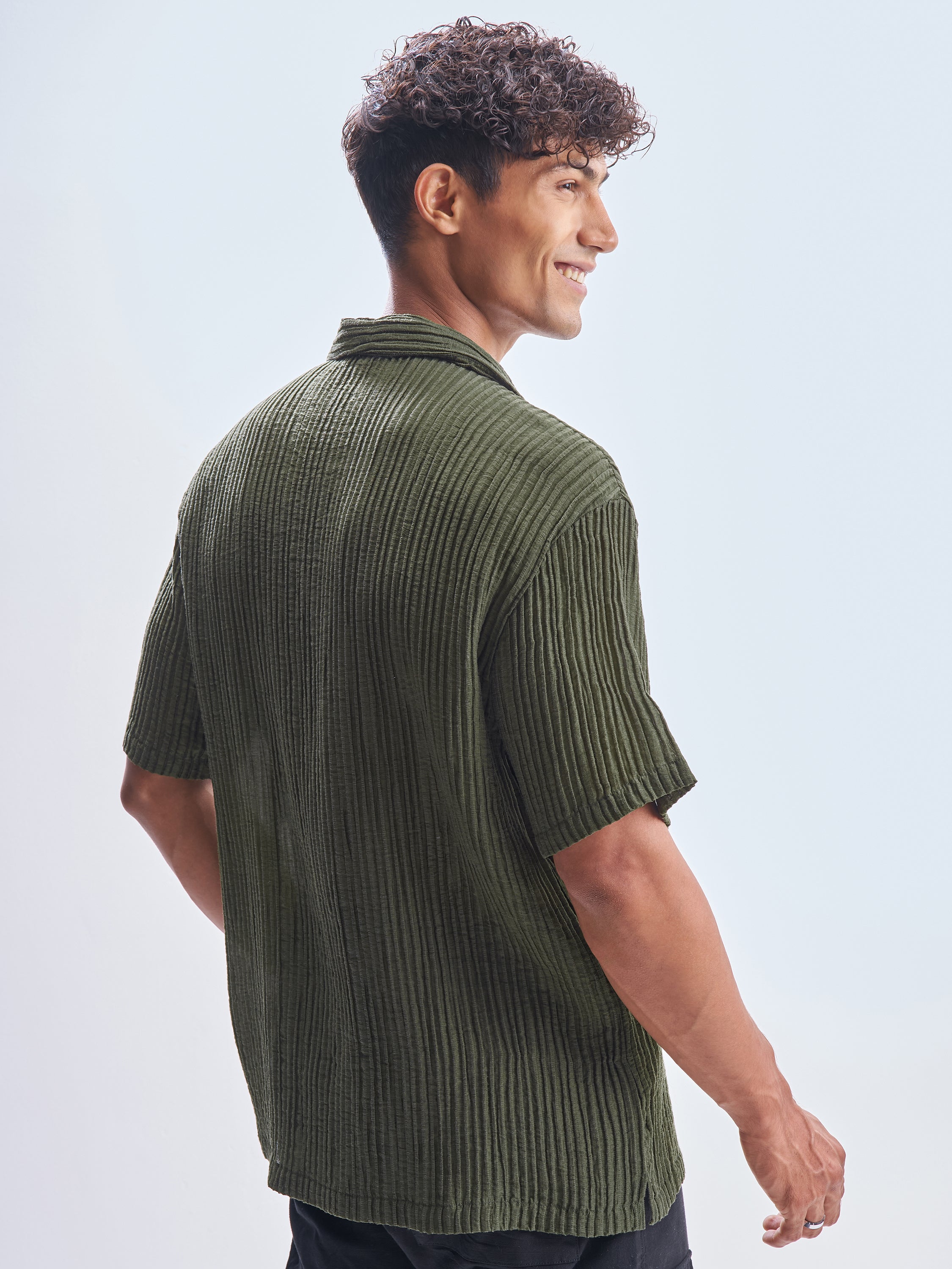 Highlander Men Olive Self Design Relaxed Fit Casual Shirt - Olive - Image 3