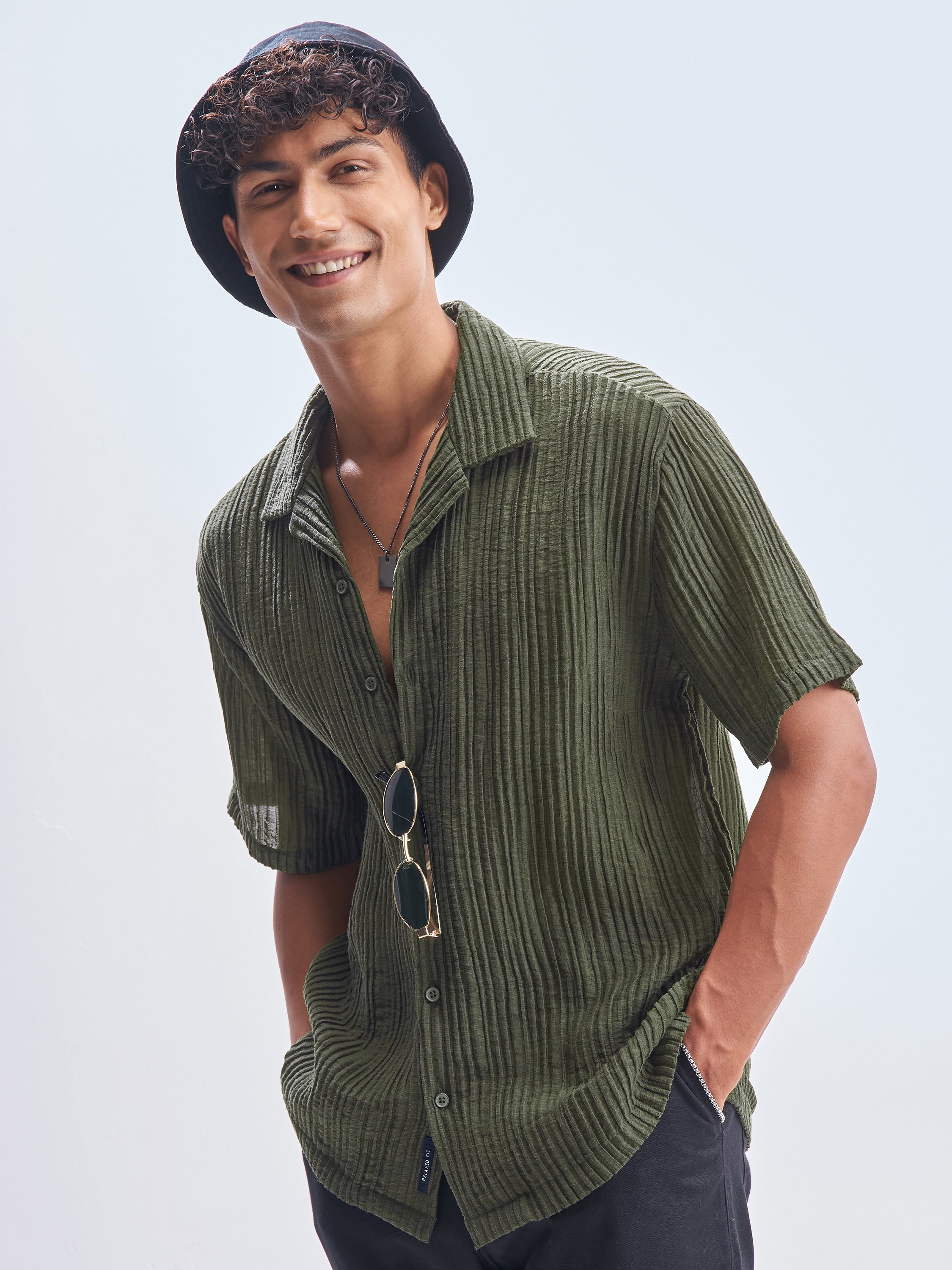 Highlander Men Olive Self Design Relaxed Fit Casual Shirt - Olive - Image 4