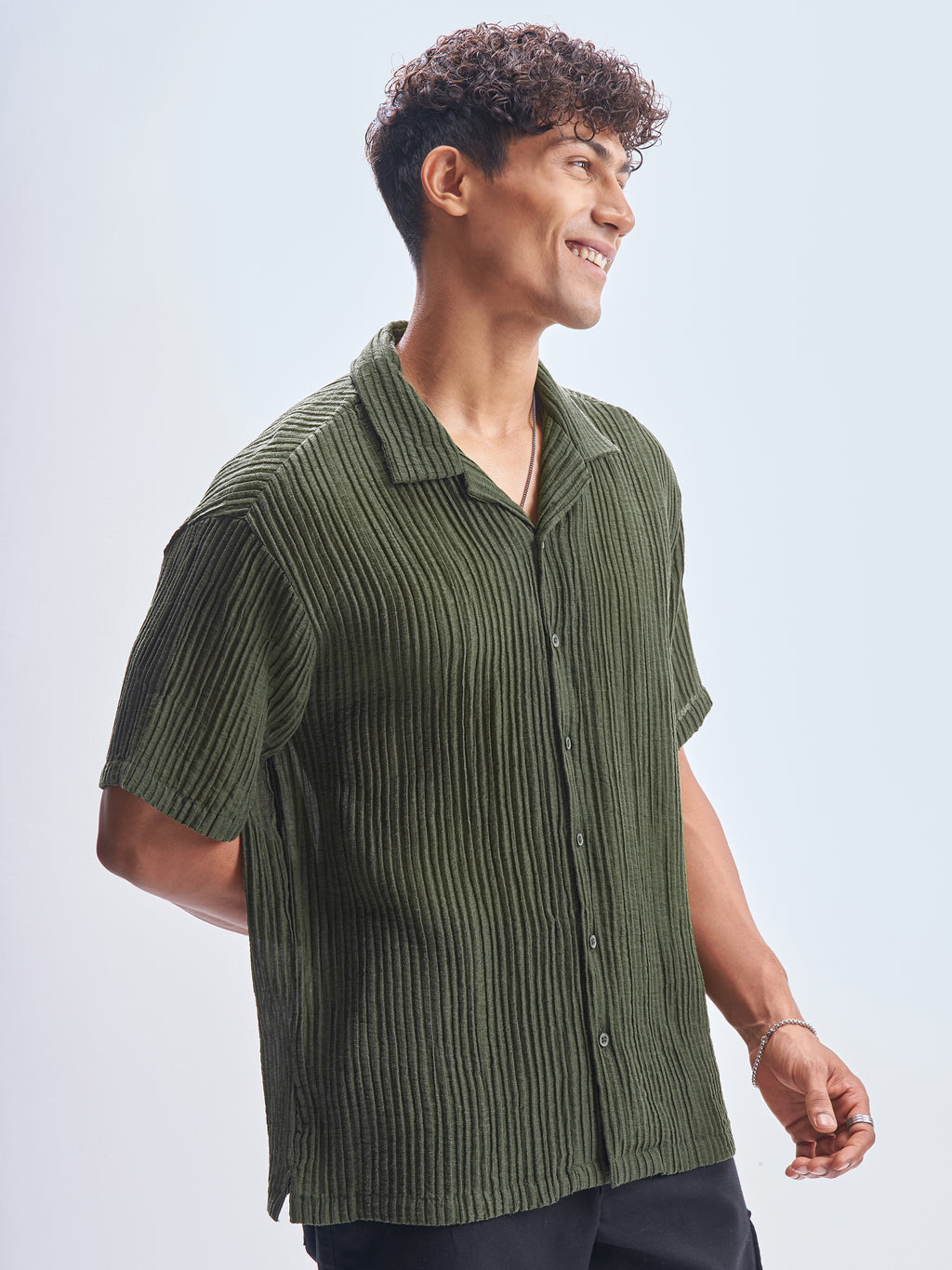 Highlander Men Olive Self Design Relaxed Fit Casual Shirt - Olive - Image 6