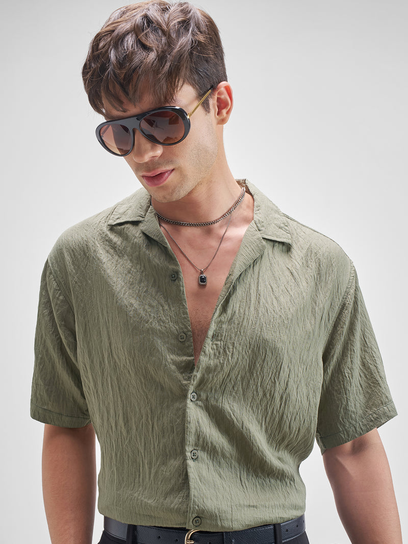 Highlander Men Green Self Design Relaxed Fit Casual Shirt - Green - Image 1