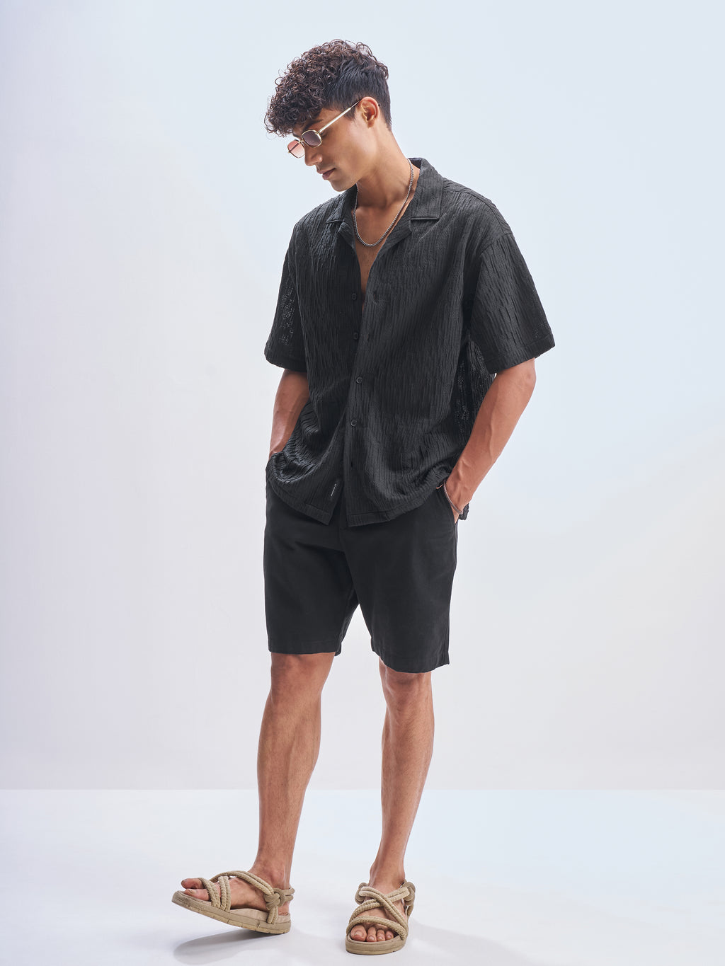 Highlander Men Black Crushed Relaxed Fit Casual Shirt - Black - Image 2