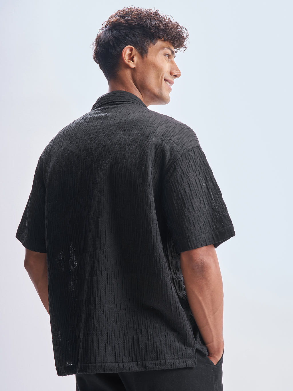 Highlander Men Black Crushed Relaxed Fit Casual Shirt - Black - Image 3