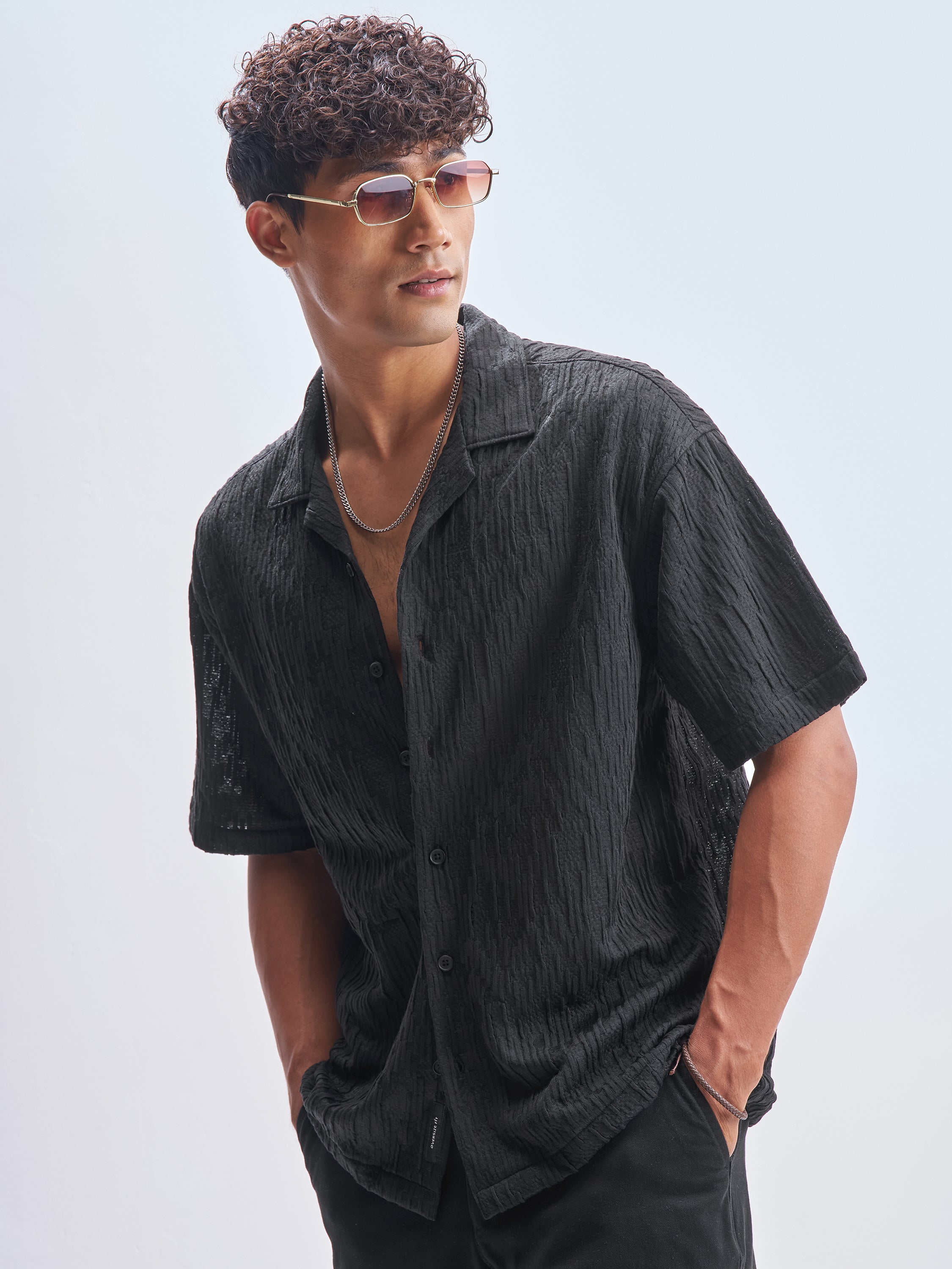 Highlander Men Black Crushed Relaxed Fit Casual Shirt - Black - Image 4