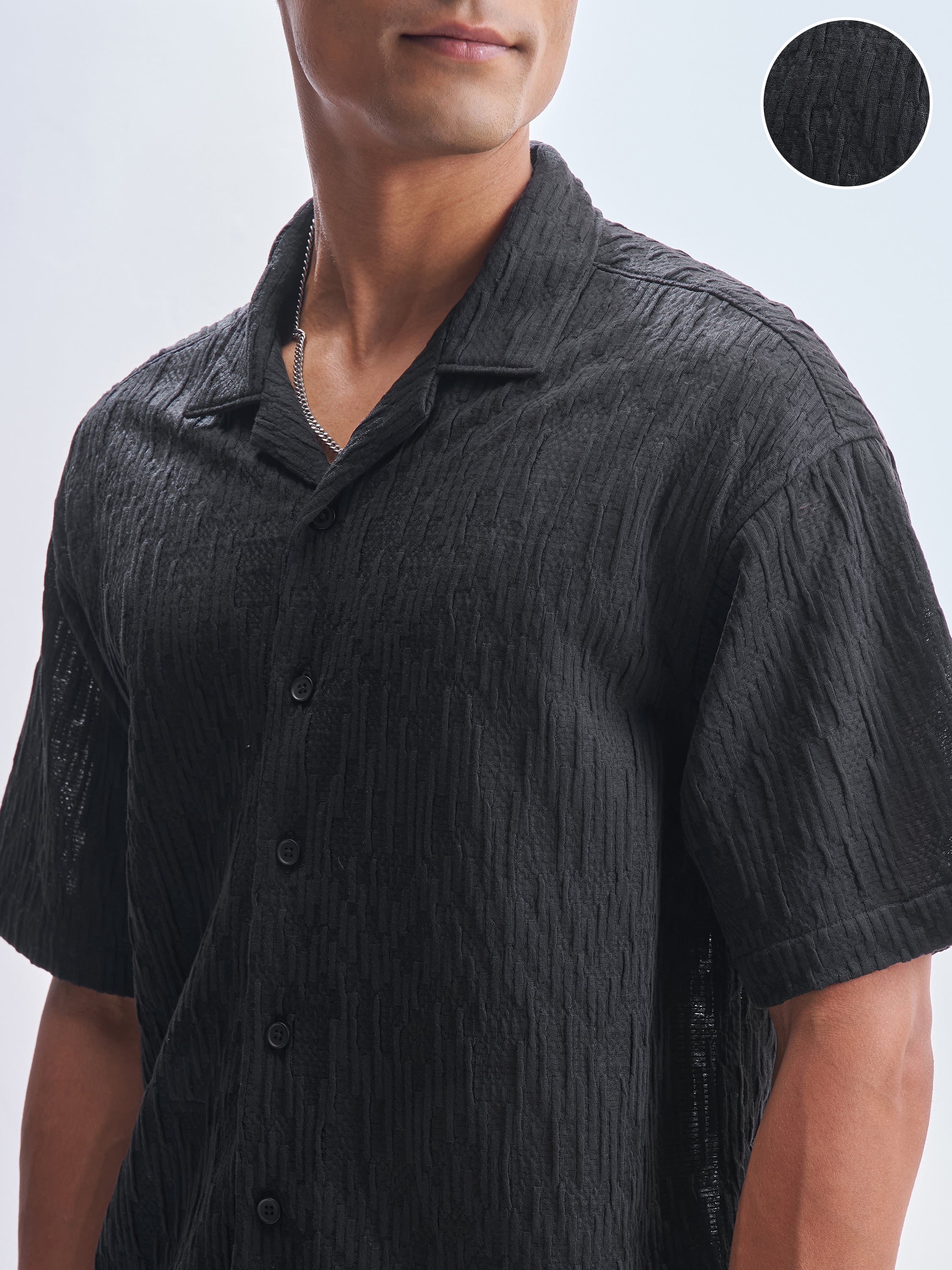 Highlander Men Black Crushed Relaxed Fit Casual Shirt - Black - Image 5
