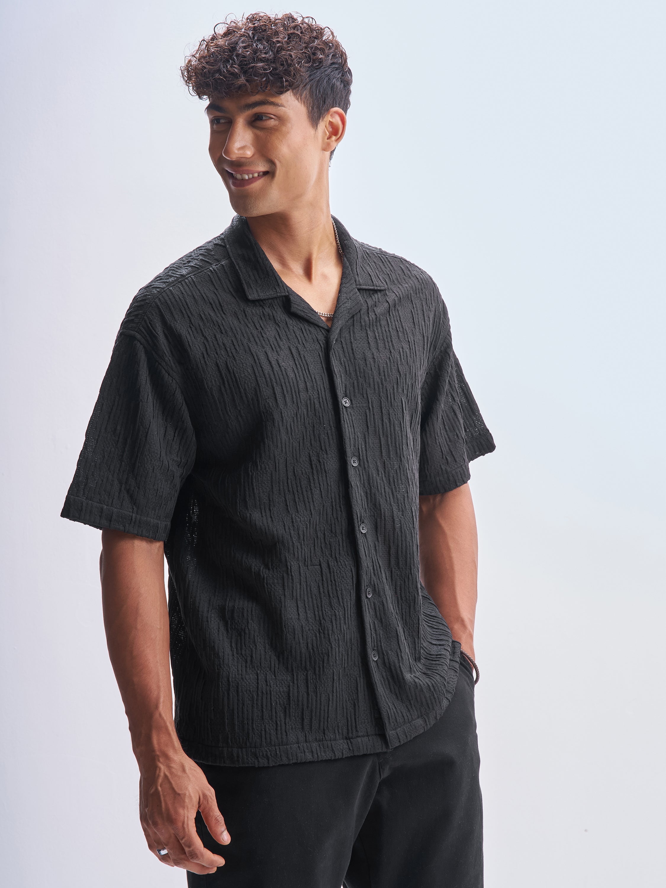 Highlander Men Black Crushed Relaxed Fit Casual Shirt - Black - Image 6