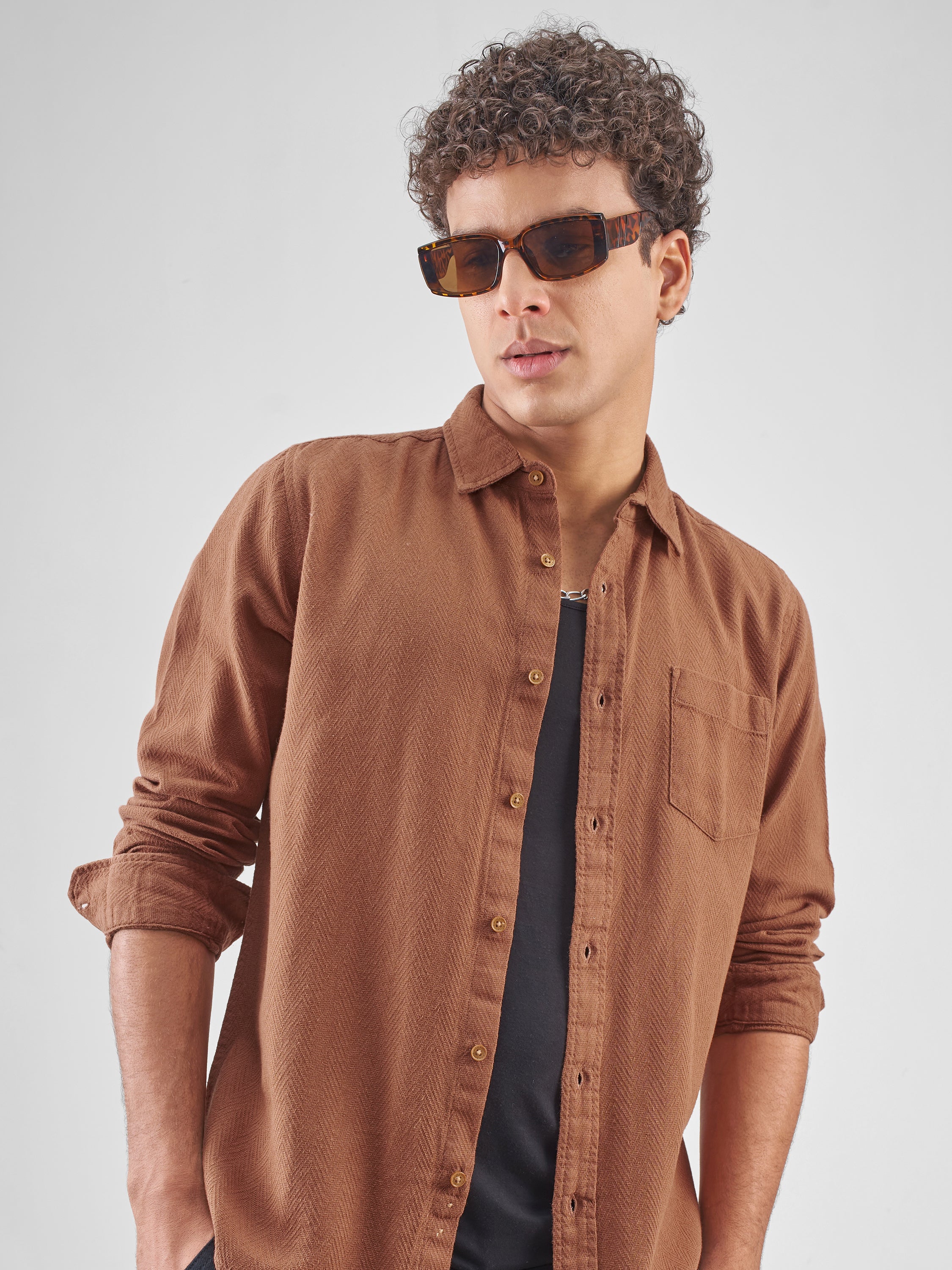 Highlander Men Brown Self Design Slim Fit Casual Shirt - Brown - Image 1