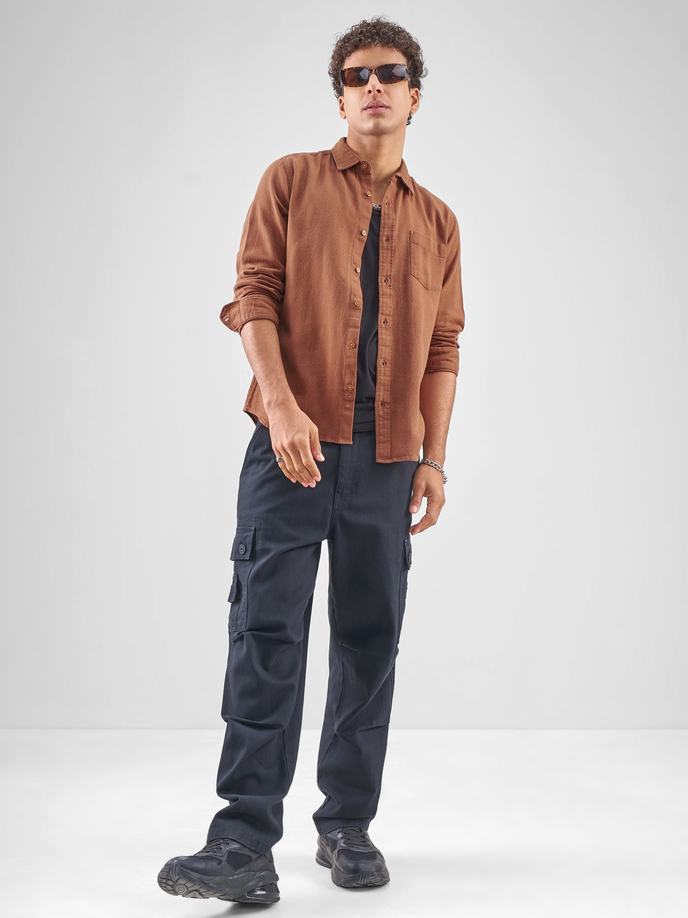 Highlander Men Brown Self Design Slim Fit Casual Shirt - Brown - Image 2