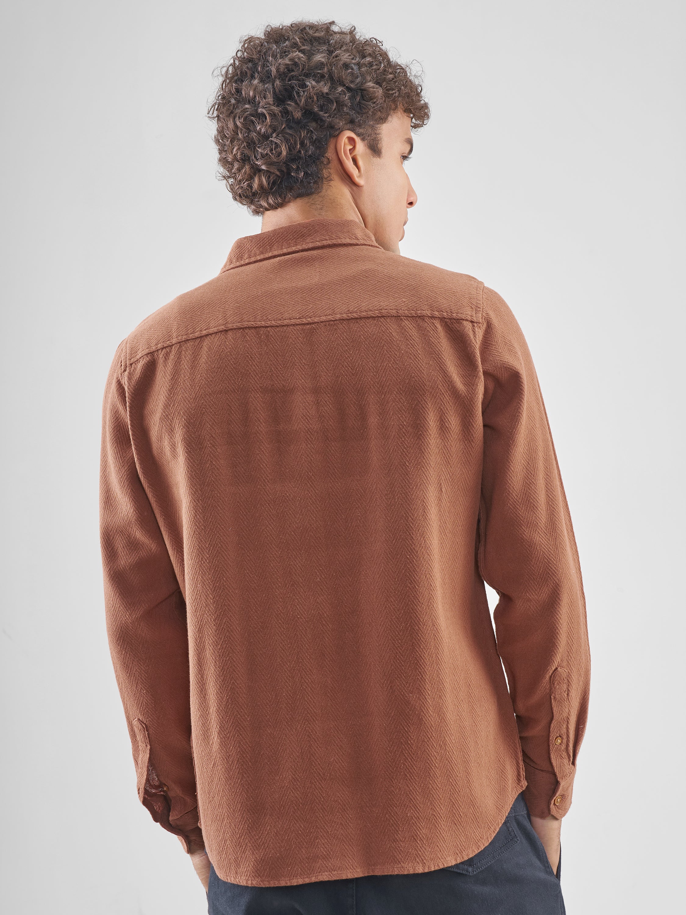 Highlander Men Brown Self Design Slim Fit Casual Shirt - Brown - Image 3