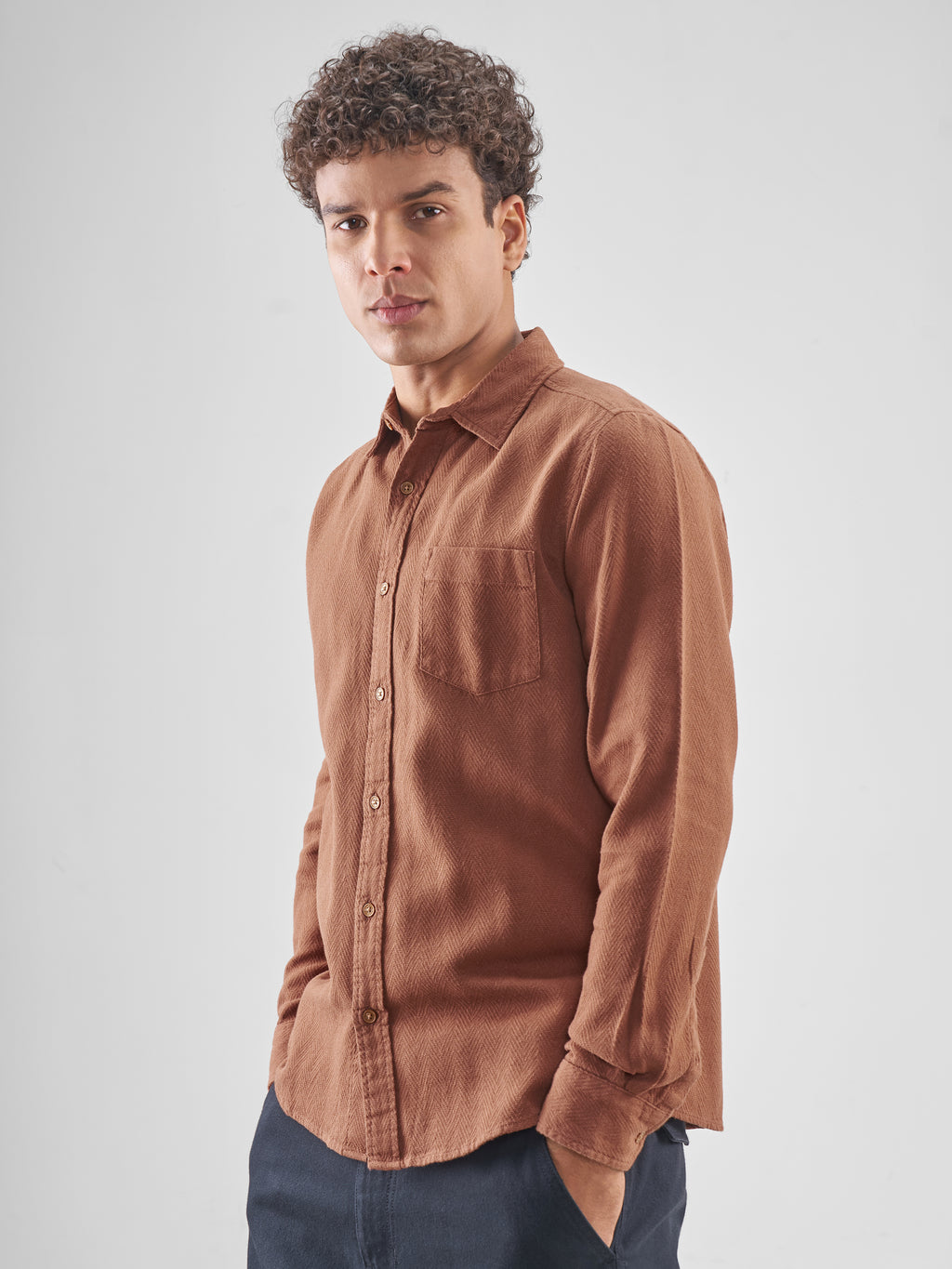 Highlander Men Brown Self Design Slim Fit Casual Shirt - Brown - Image 4