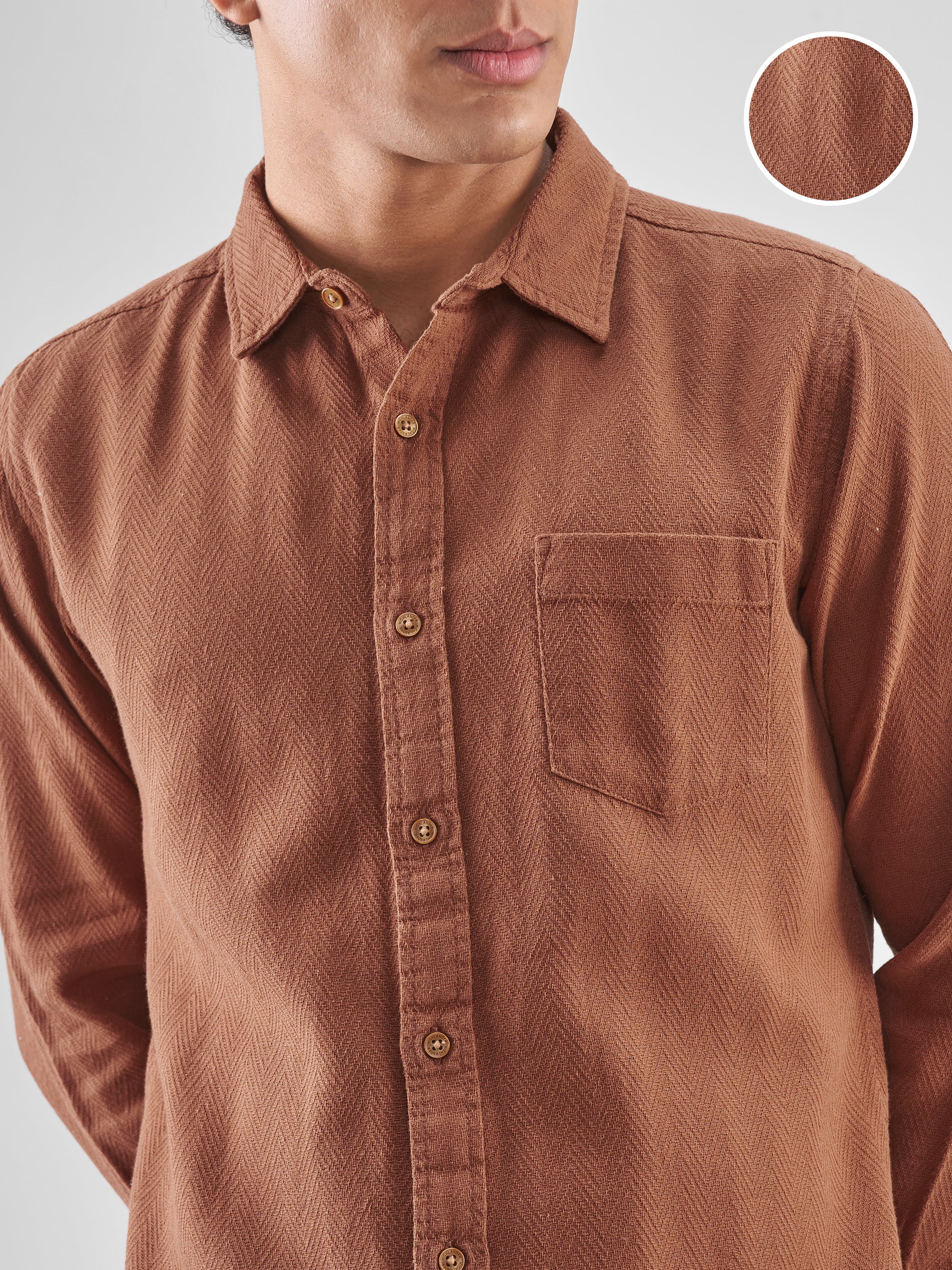 Highlander Men Brown Self Design Slim Fit Casual Shirt - Brown - Image 5