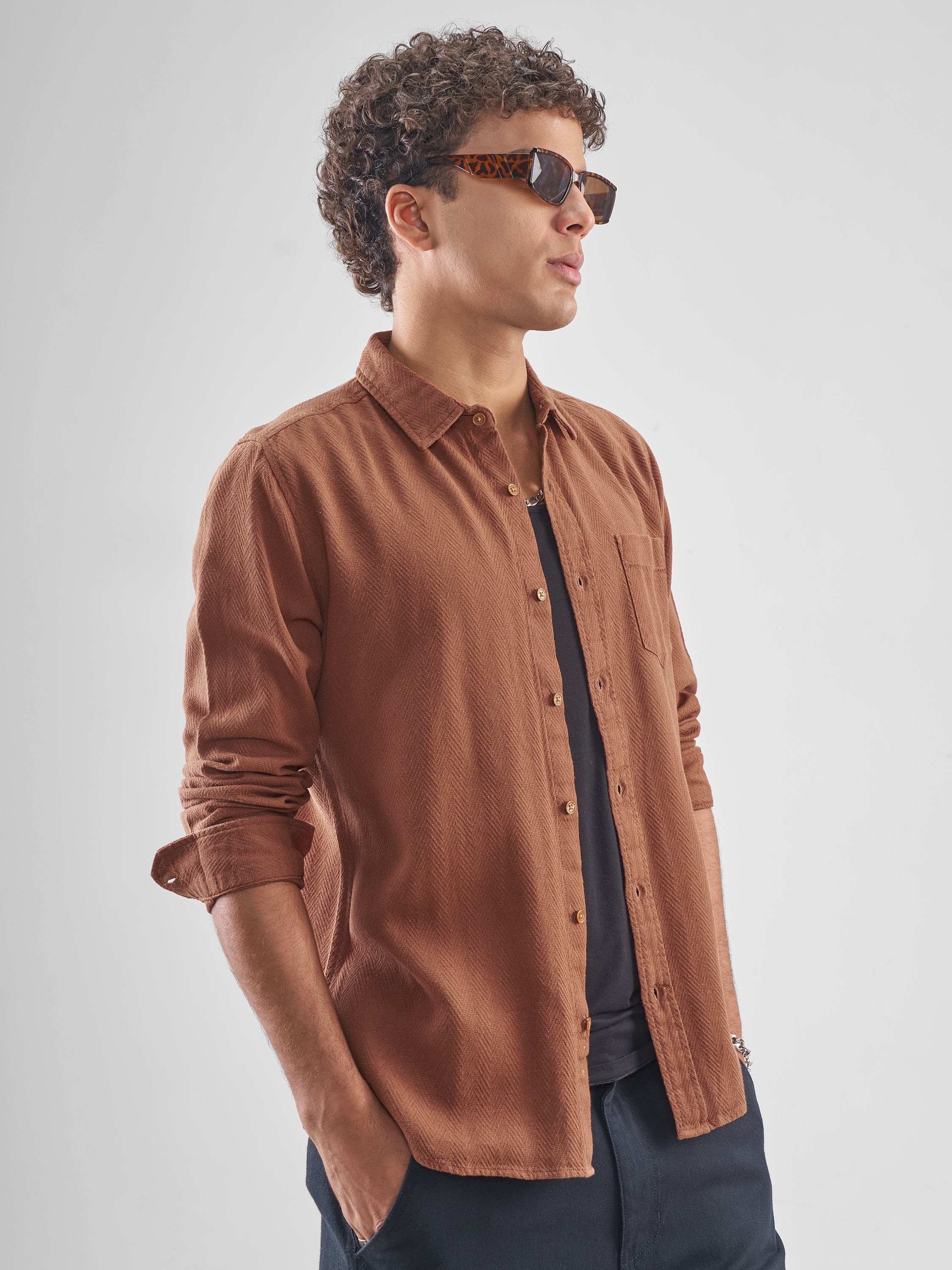 Highlander Men Brown Self Design Slim Fit Casual Shirt - Brown - Image 6