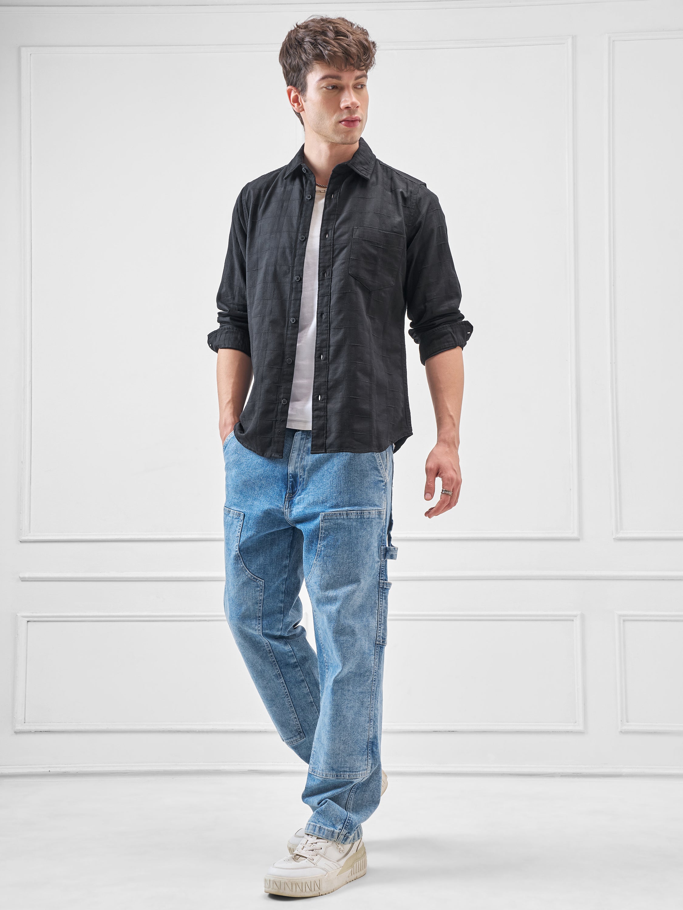 Highlander Men Black Self Design Slim Fit Casual Shirt - Black - Image 2