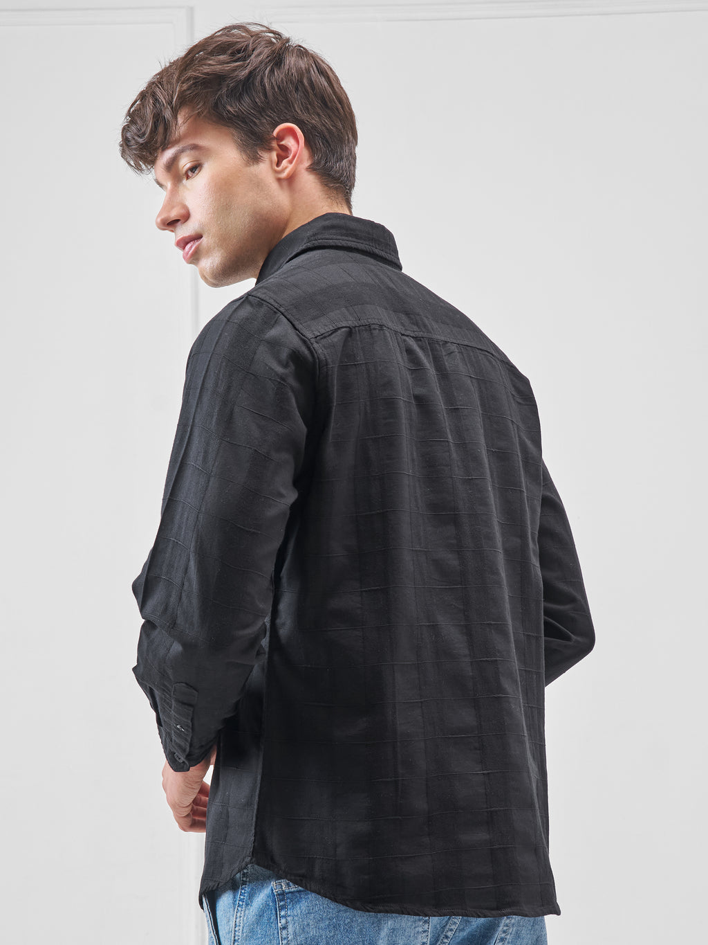 Highlander Men Black Self Design Slim Fit Casual Shirt - Black - Image 3