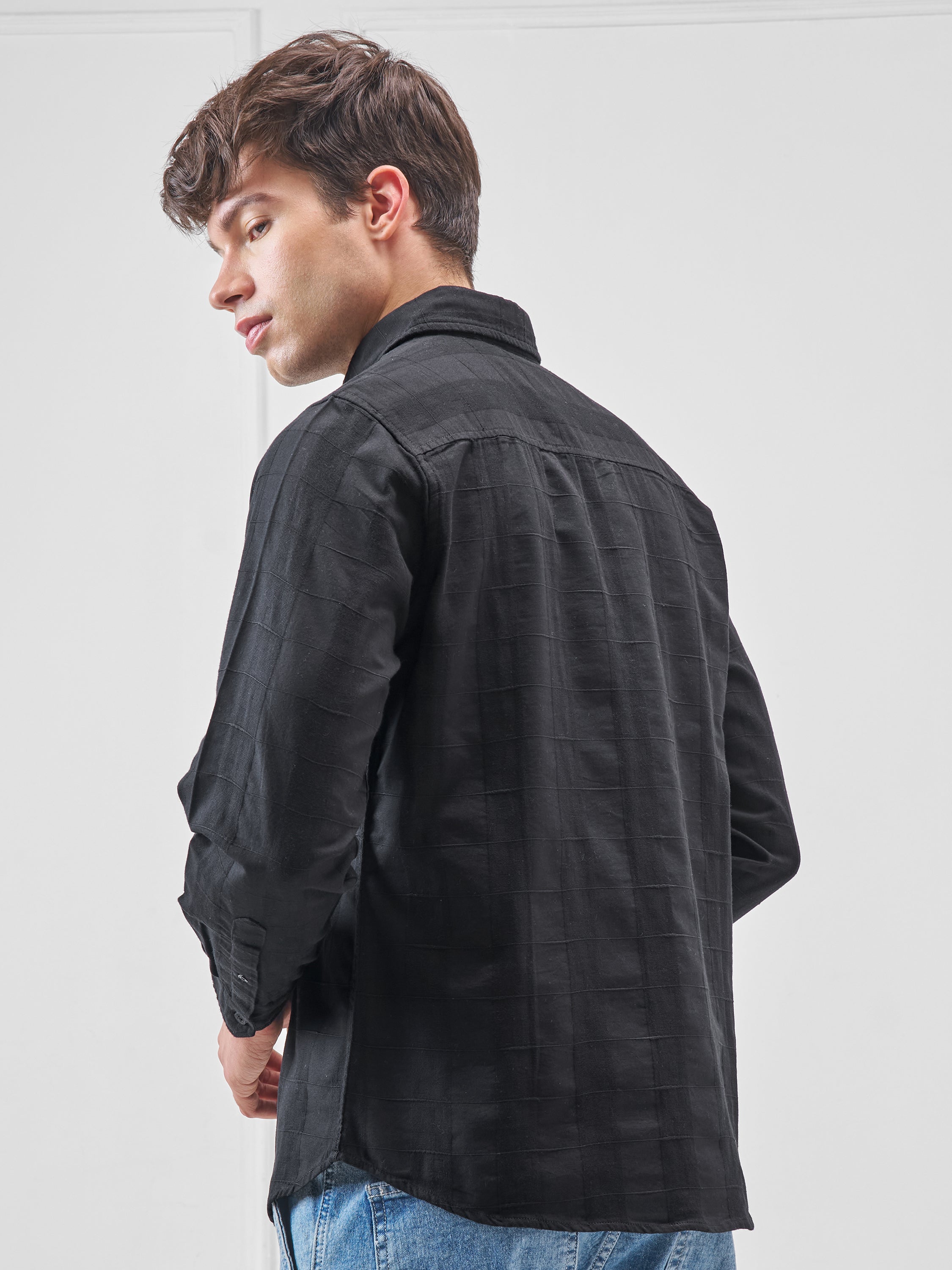 Highlander Men Black Self Design Slim Fit Casual Shirt - Black - Image 3