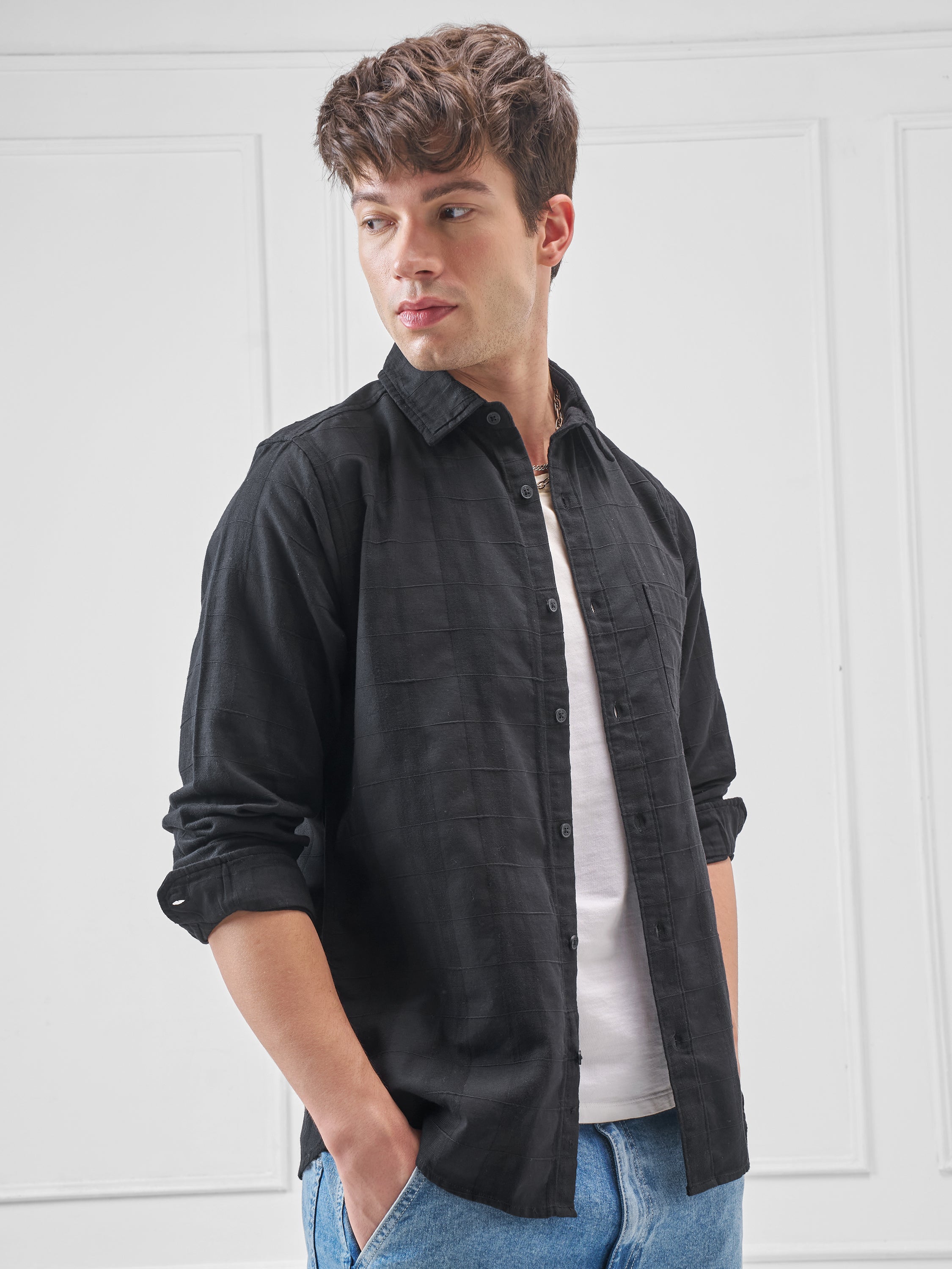 Highlander Men Black Self Design Slim Fit Casual Shirt - Black - Image 6