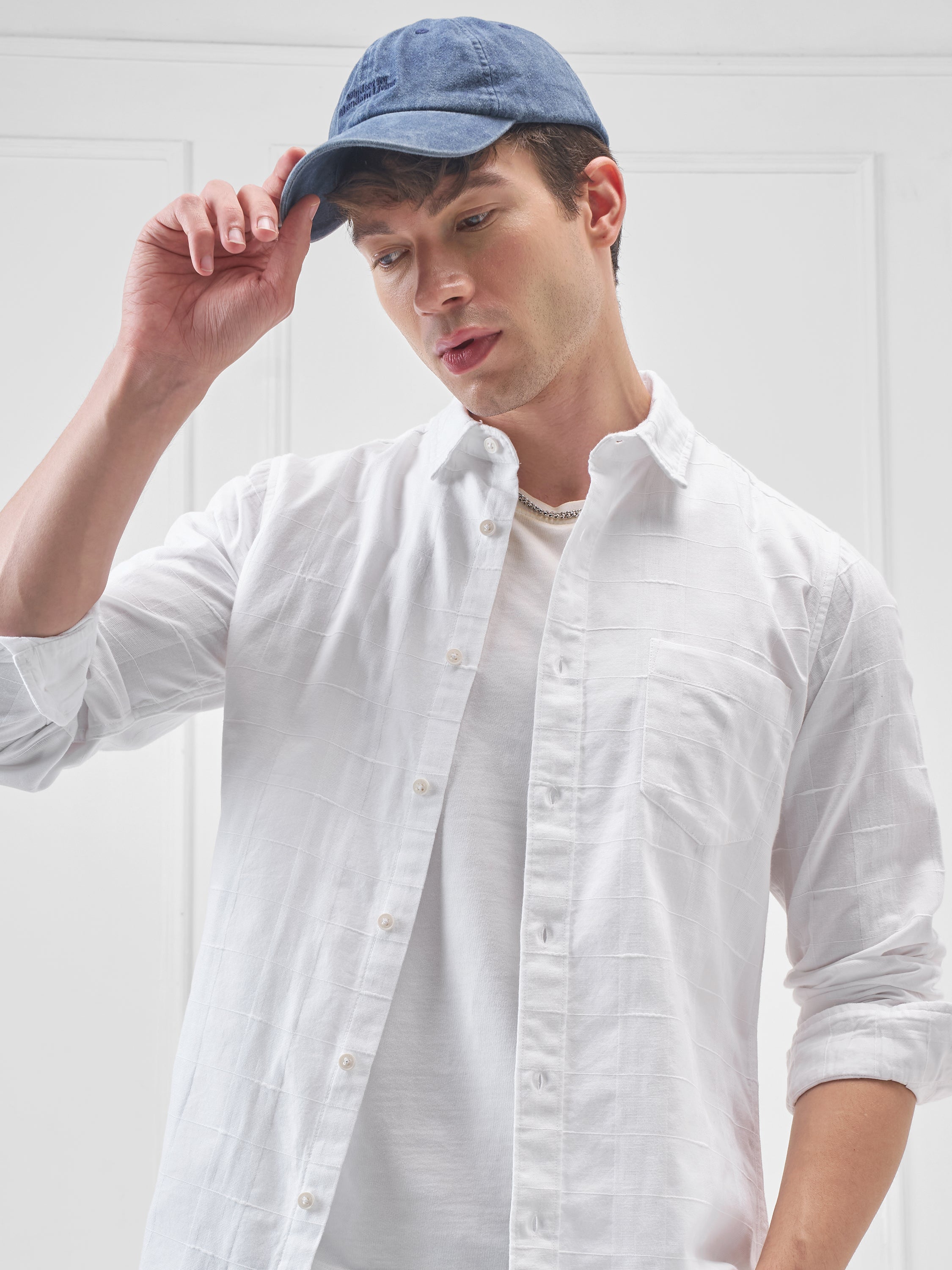 Highlander Men White Self Design Slim Fit Casual Shirt - White - Image 1