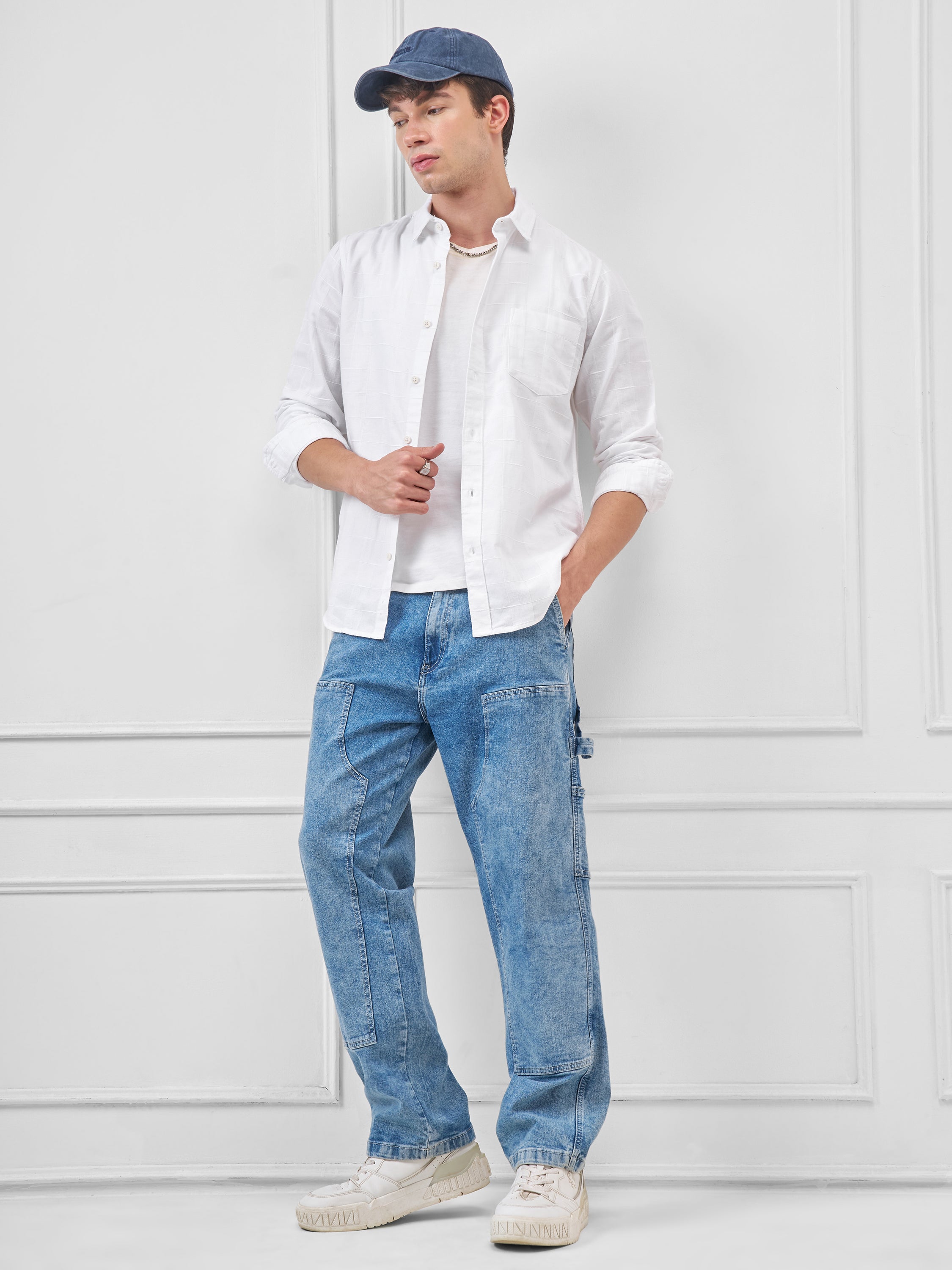 Highlander Men White Self Design Slim Fit Casual Shirt - White - Image 2