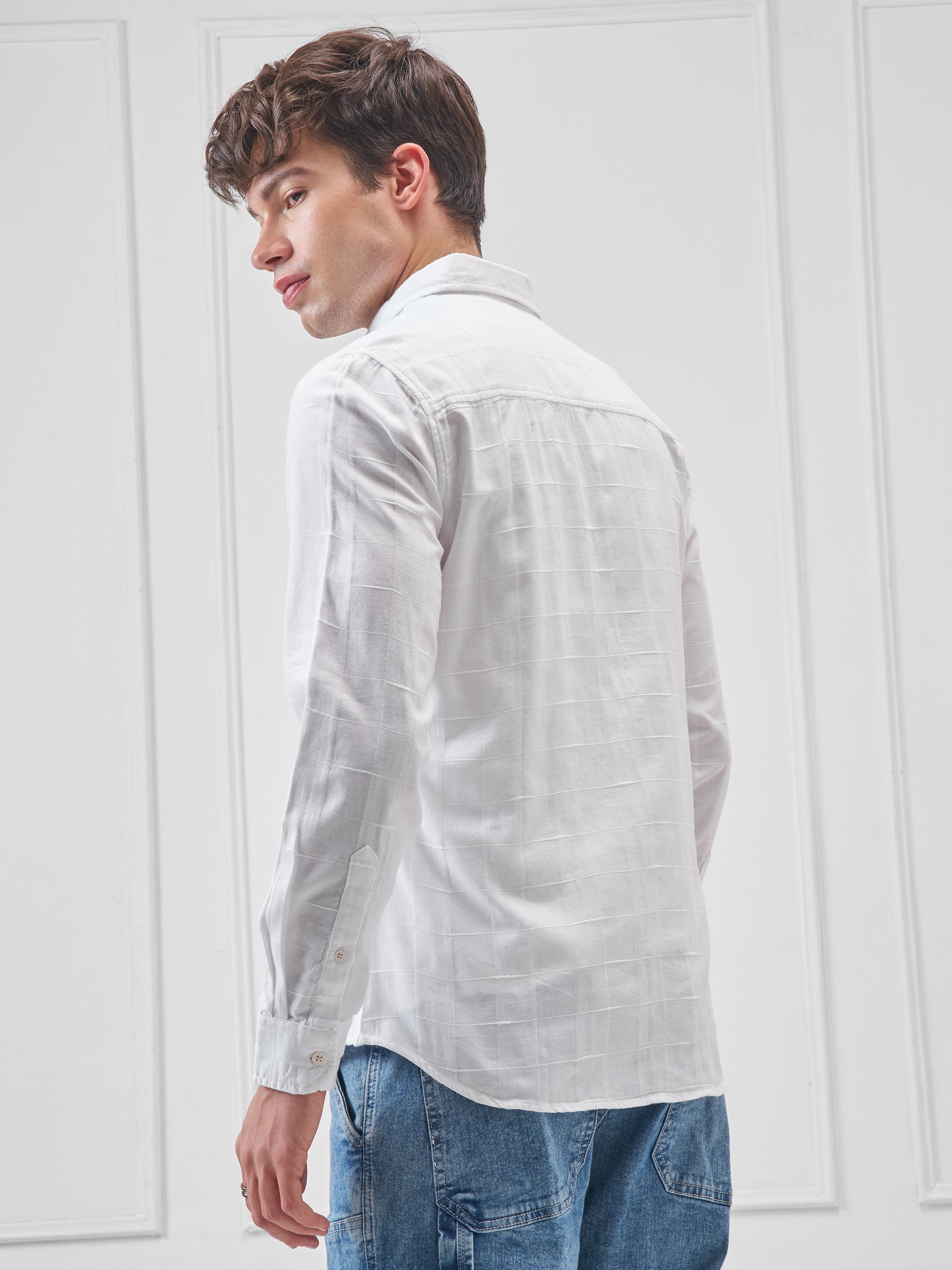 Highlander Men White Self Design Slim Fit Casual Shirt - White - Image 3