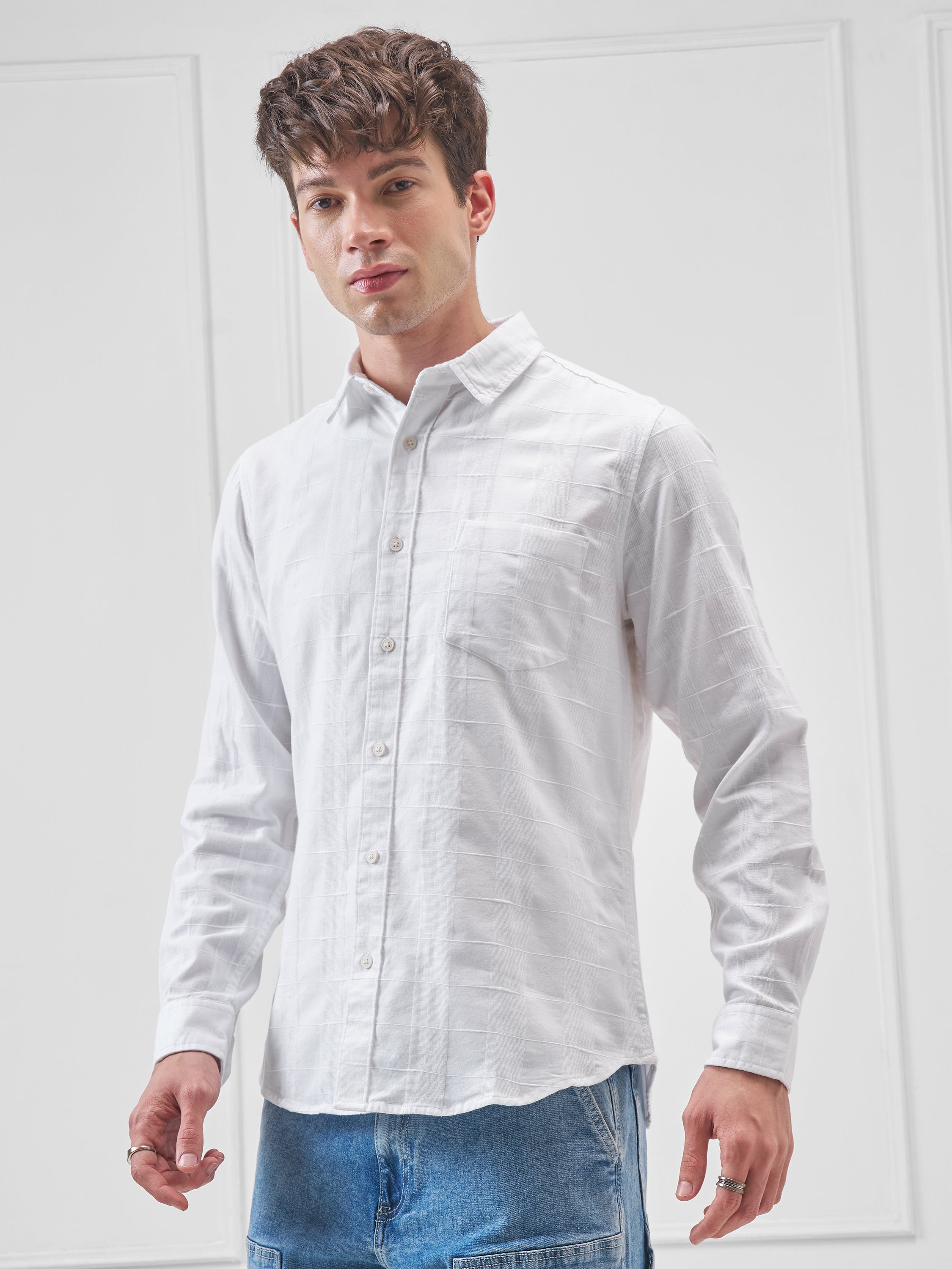 Highlander Men White Self Design Slim Fit Casual Shirt - White - Image 4