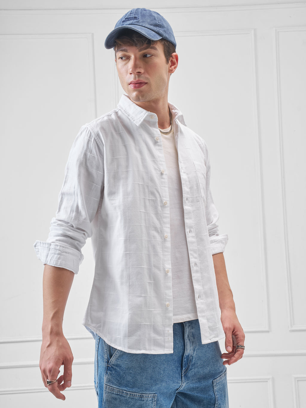 Highlander Men White Self Design Slim Fit Casual Shirt - White - Image 6