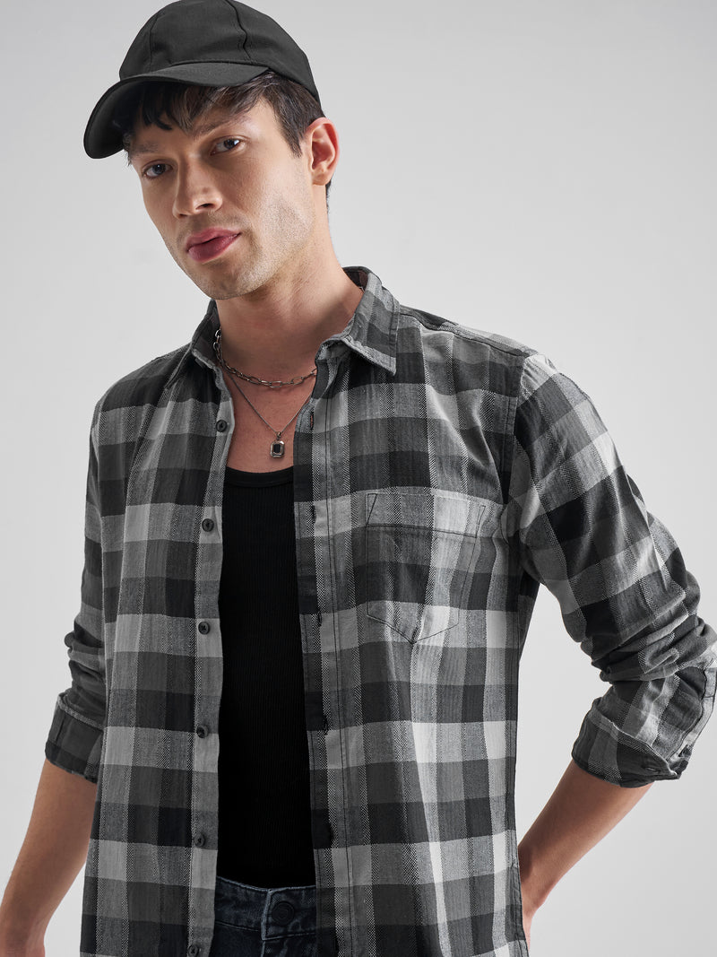 Highlander Men Grey Checked Slim Fit Casual Shirt - Grey - Image 1