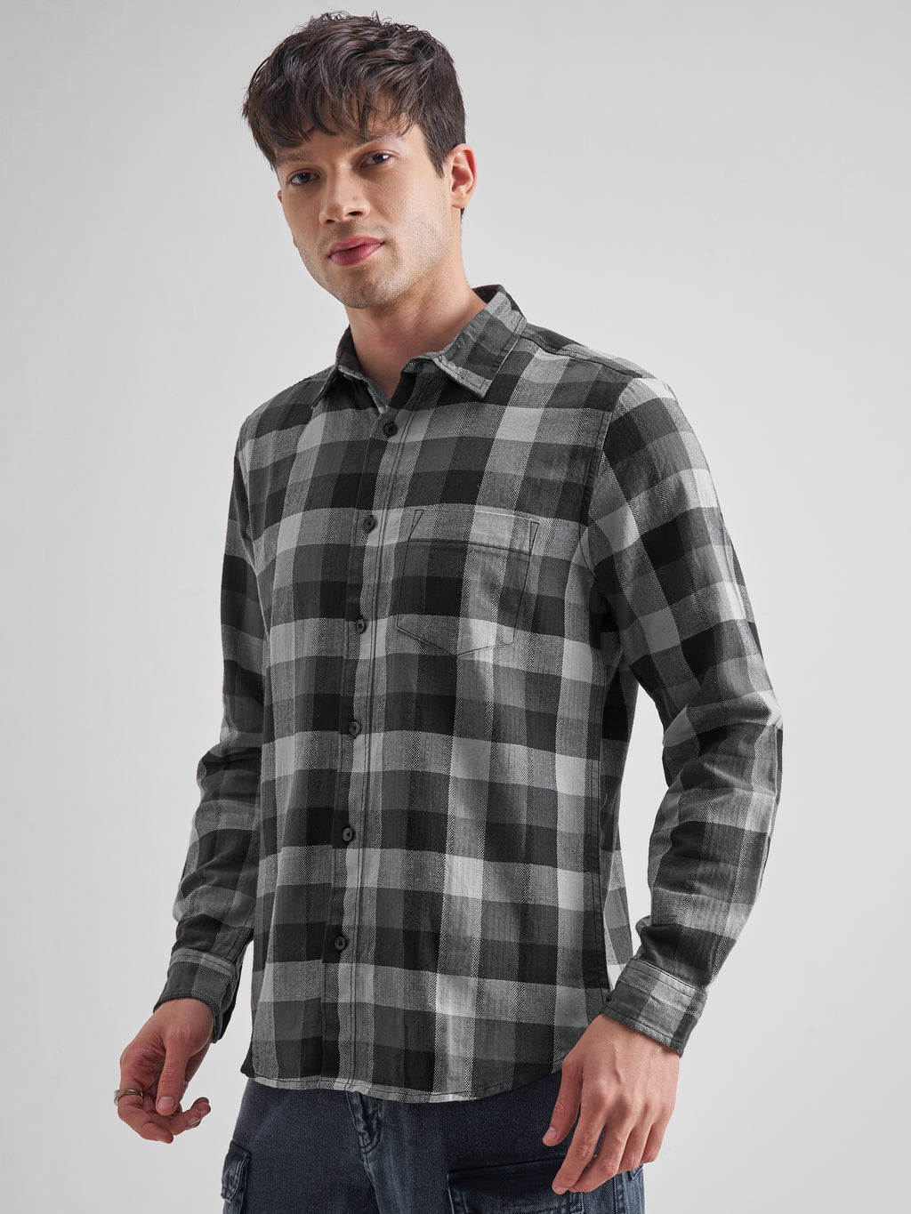 Highlander Men Grey Checked Slim Fit Casual Shirt - Grey - Image 4