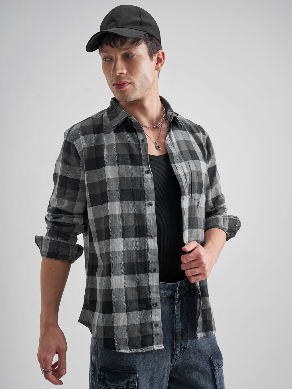 Highlander Men Grey Checked Slim Fit Casual Shirt - Grey - Image 6