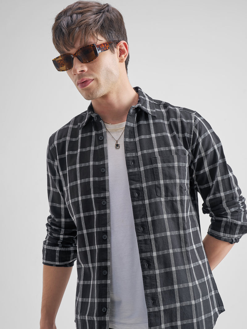 Highlander Men Black Checked Slim Fit Casual Shirt - Black - Image 1
