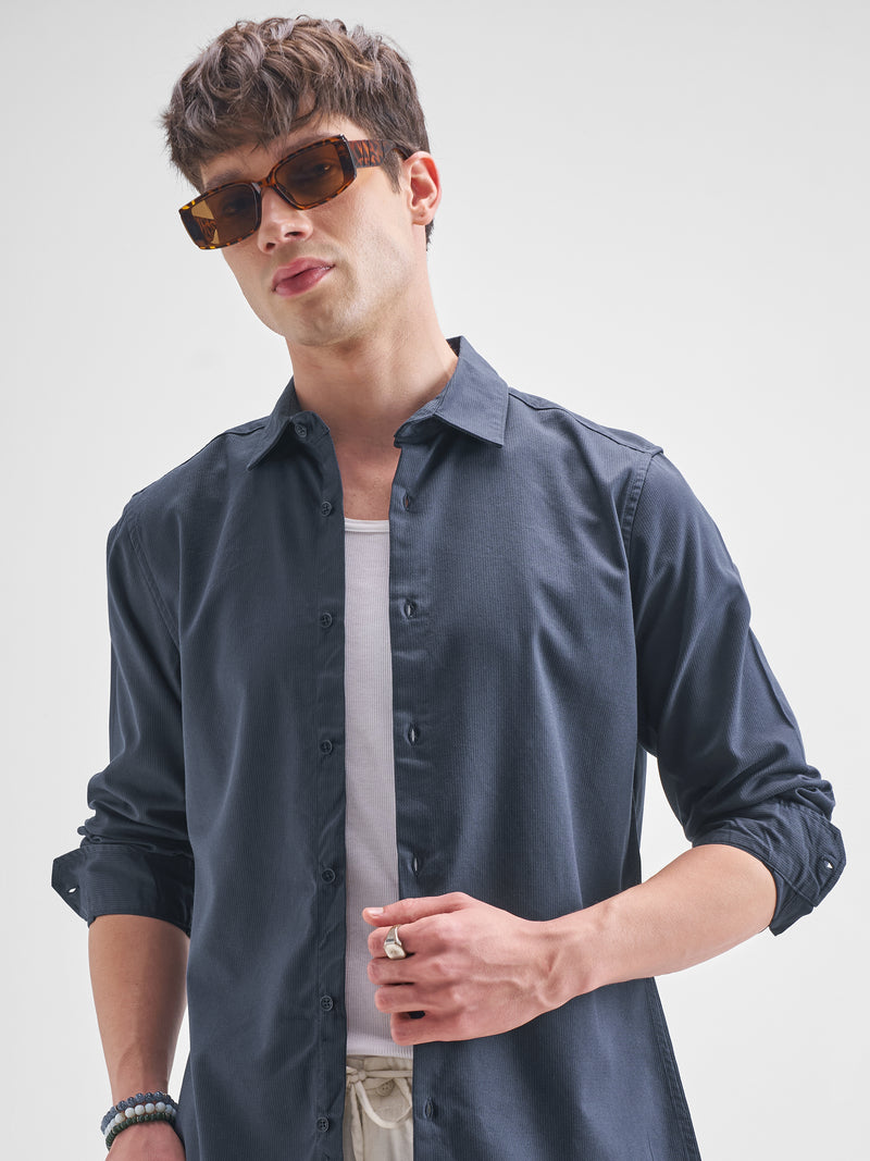Highlander Men Navy Blue Solid Relaxed Fit Casual Shirt - Navy Blue - Image 1