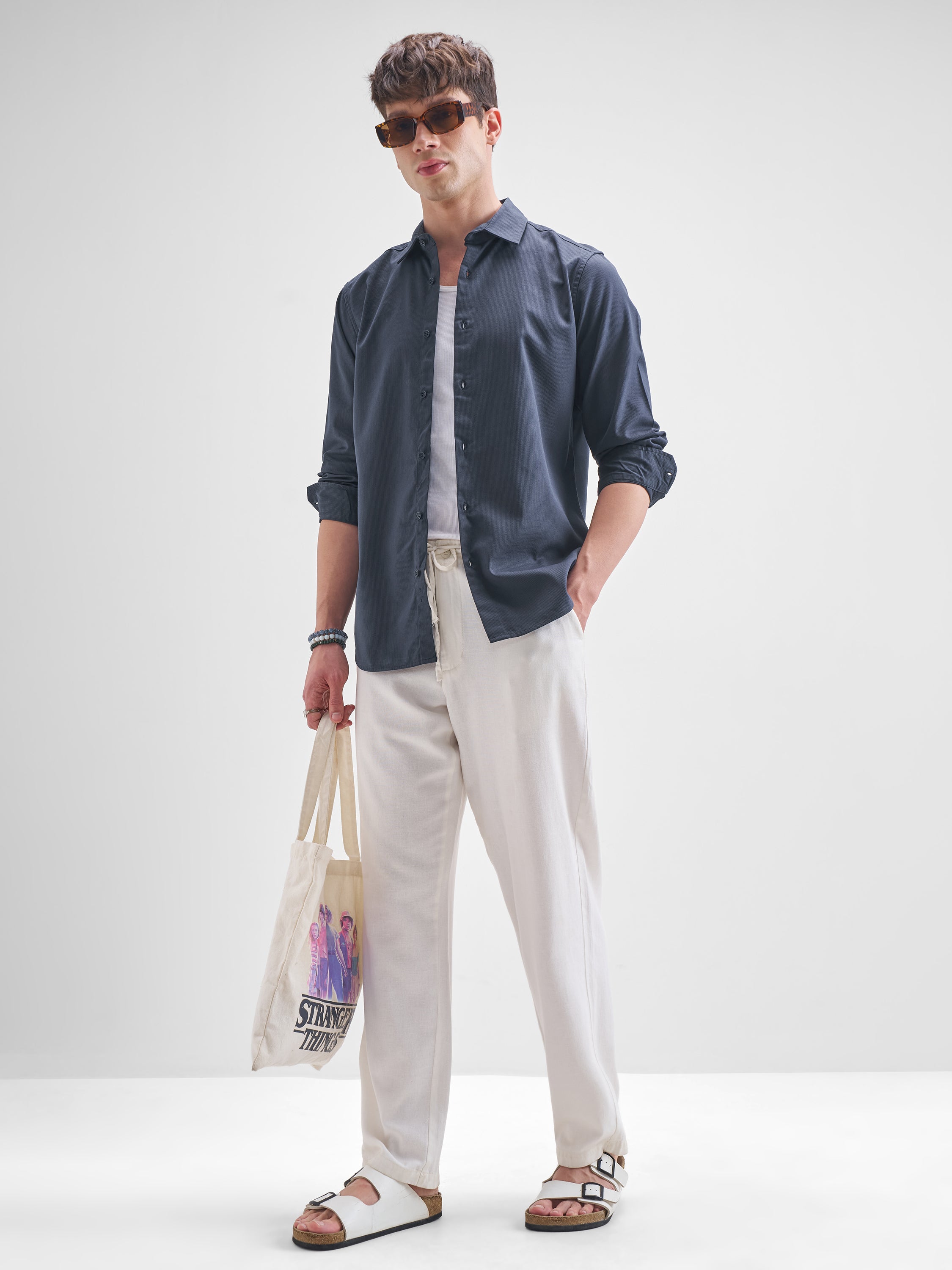 Highlander Men Navy Blue Solid Relaxed Fit Casual Shirt - Navy Blue - Image 2