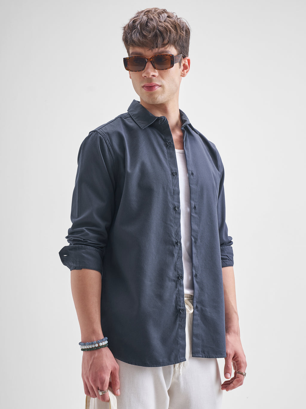 Highlander Men Navy Blue Solid Relaxed Fit Casual Shirt - Navy Blue - Image 6