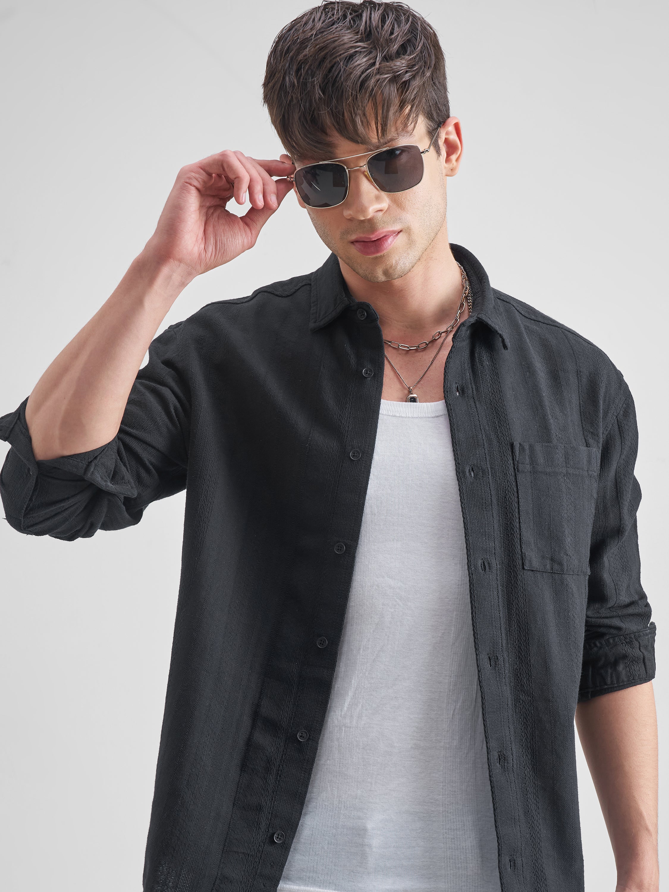 Highlander Men Black Striped Relaxed Fit Casual Shirt - Black - Image 1