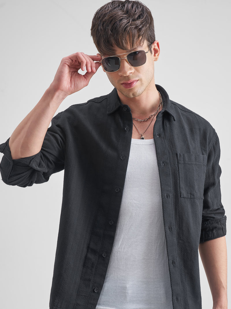 Highlander Men Black Striped Relaxed Fit Casual Shirt - Black - Image 1