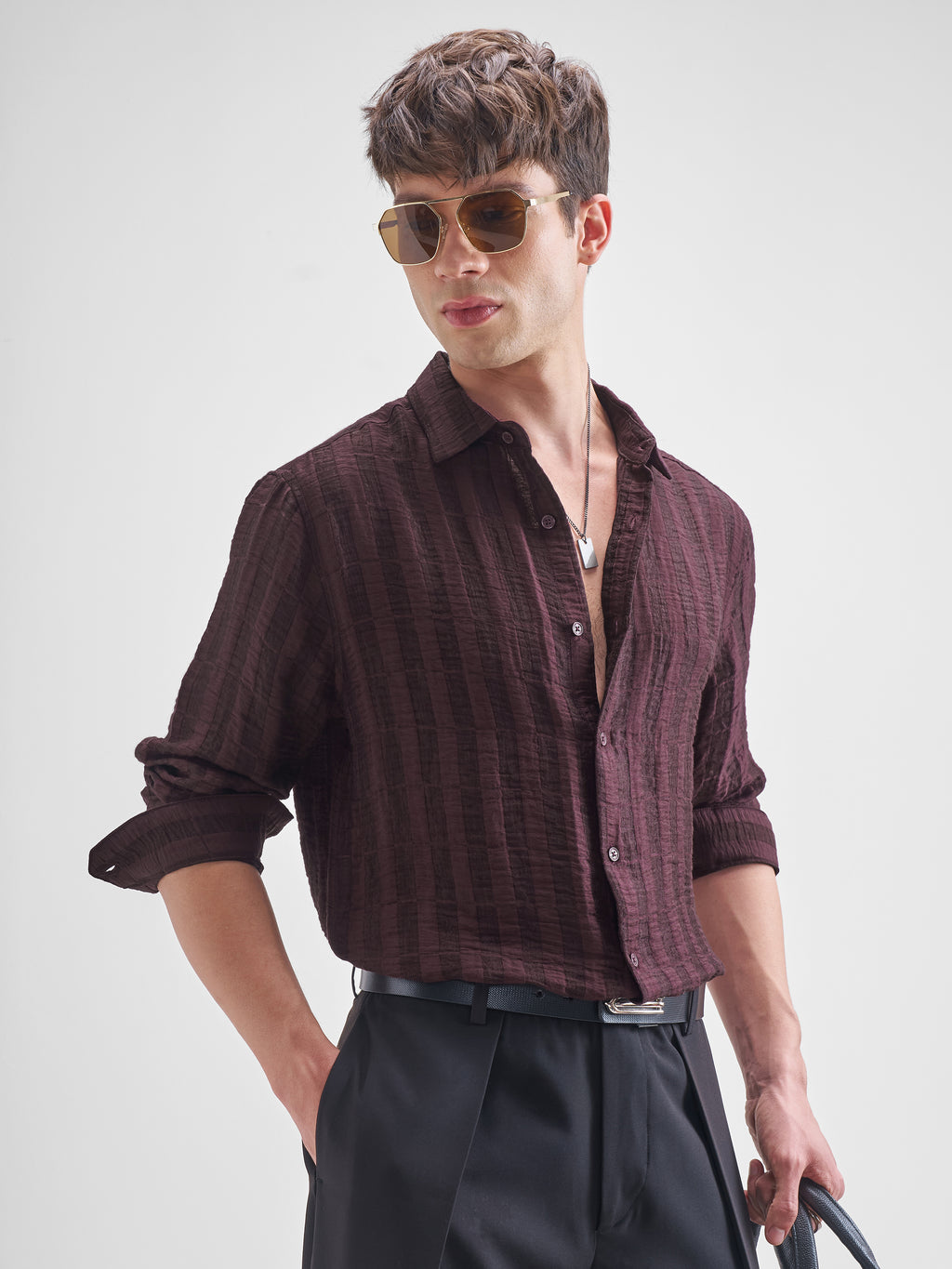 Highlander Men Maroon Crushed Relaxed Fit Casual Shirt - Maroon - Image 6