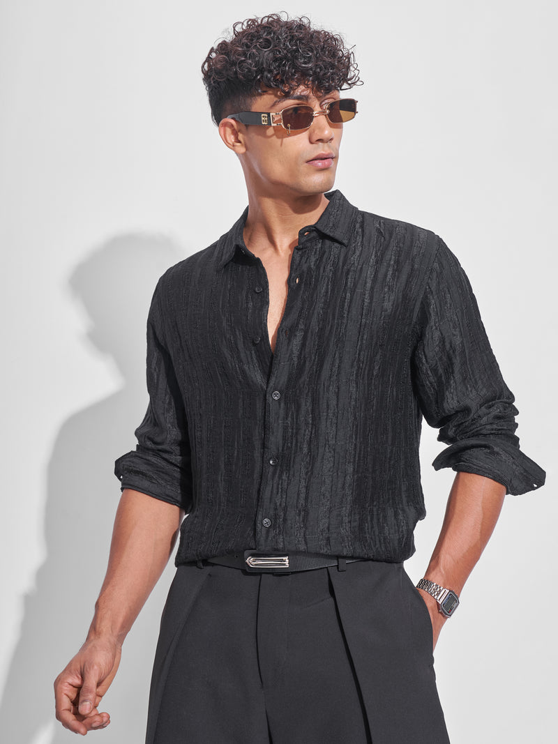 Highlander Men Black Crushed Oversized Fit Casual Shirt - Black - Image 1