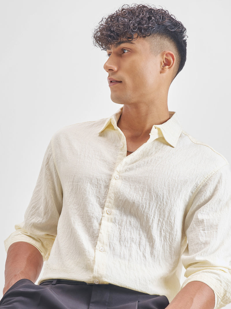 Highlander Men Cream Crushed Relaxed Fit Casual Shirt - Cream - Image 1