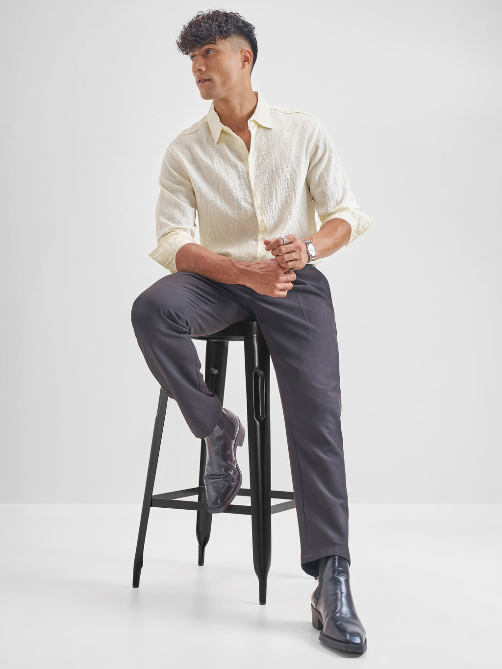 Highlander Men Cream Crushed Relaxed Fit Casual Shirt - Cream - Image 2