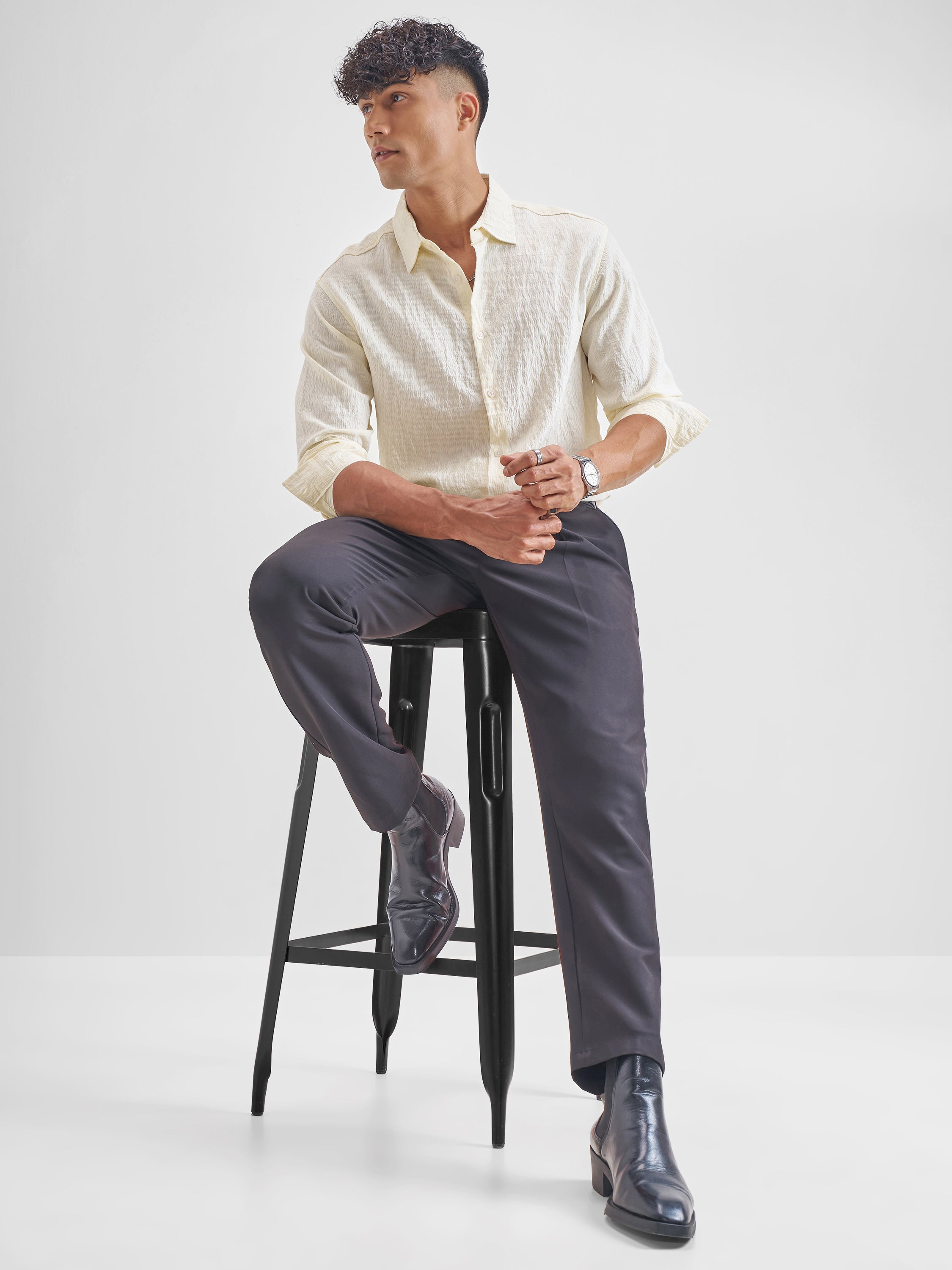 Highlander Men Cream Crushed Relaxed Fit Casual Shirt - Cream - Image 2