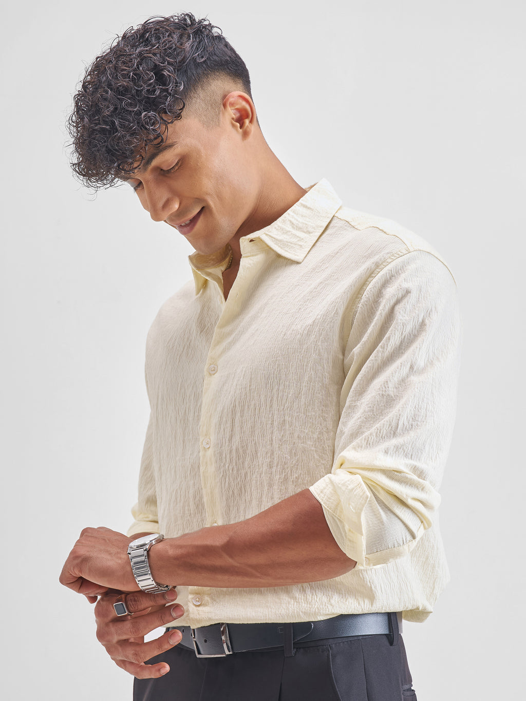 Highlander Men Cream Crushed Relaxed Fit Casual Shirt - Cream - Image 4