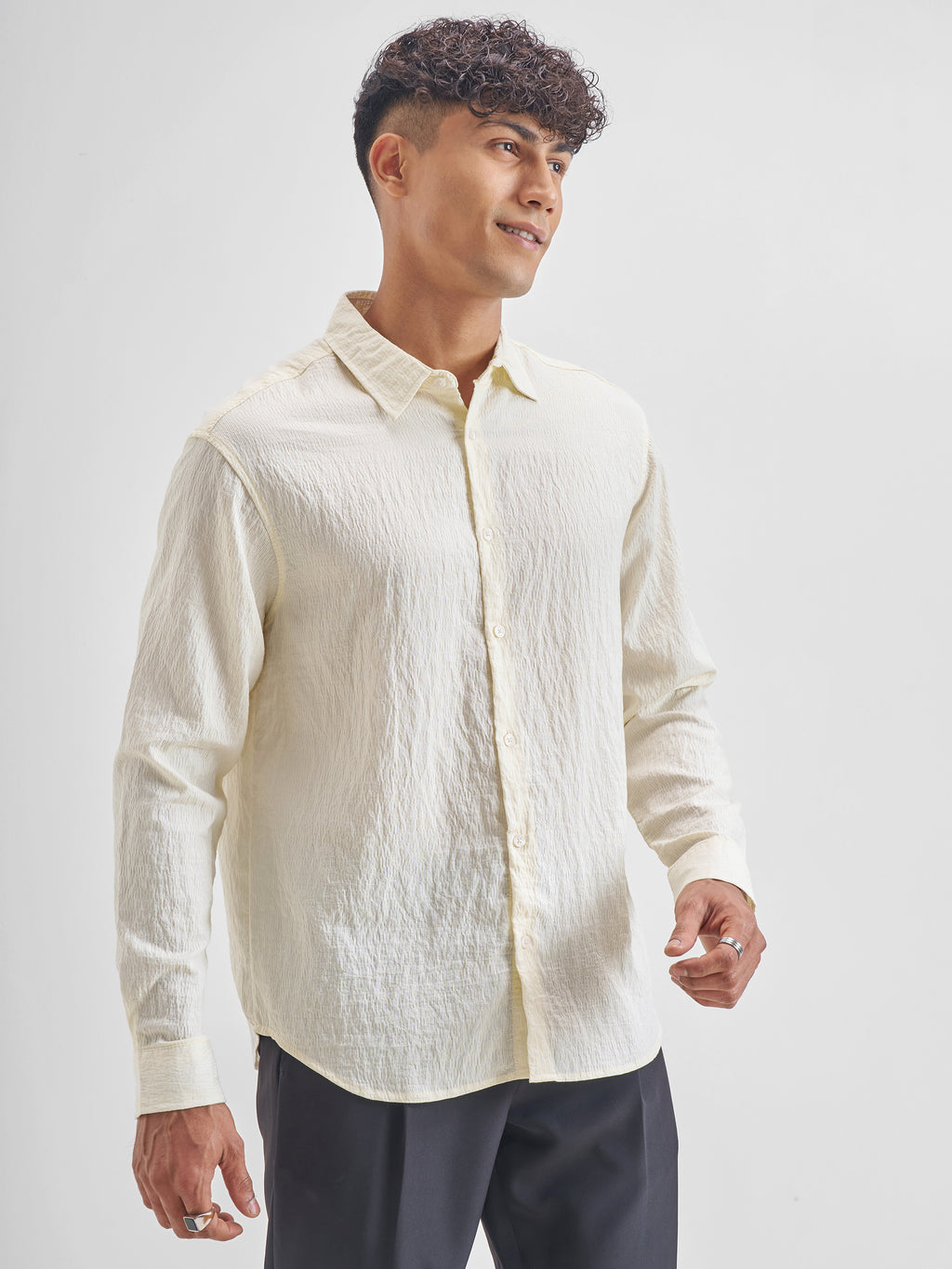 Highlander Men Cream Crushed Relaxed Fit Casual Shirt - Cream - Image 6