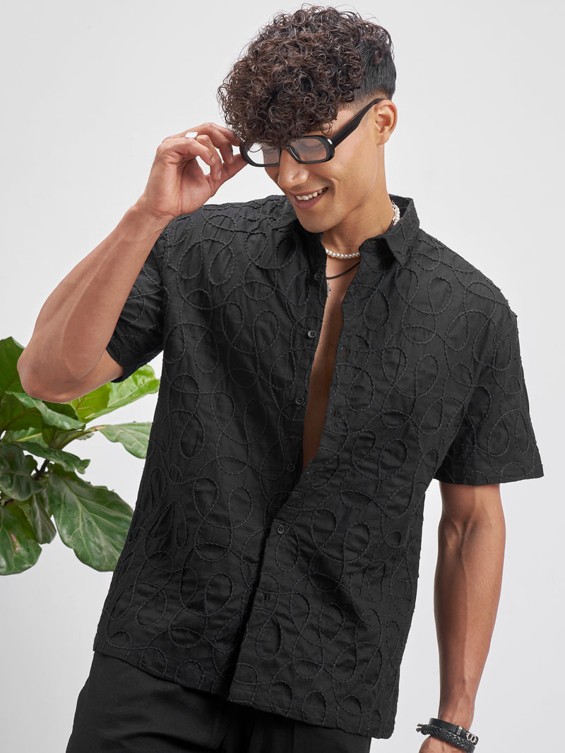 Highlander Men Black Self Design Relaxed Fit Casual Shirt - Black - Image 1