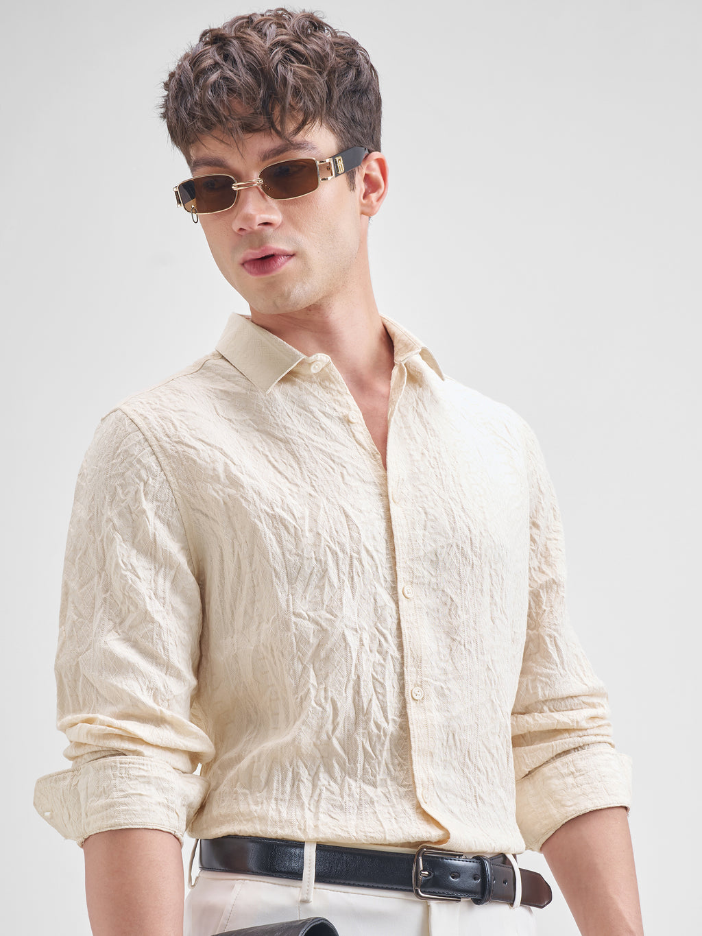 Highlander Men Beige Crushed Slim Fit Casual Shirt - Beige - Image 1