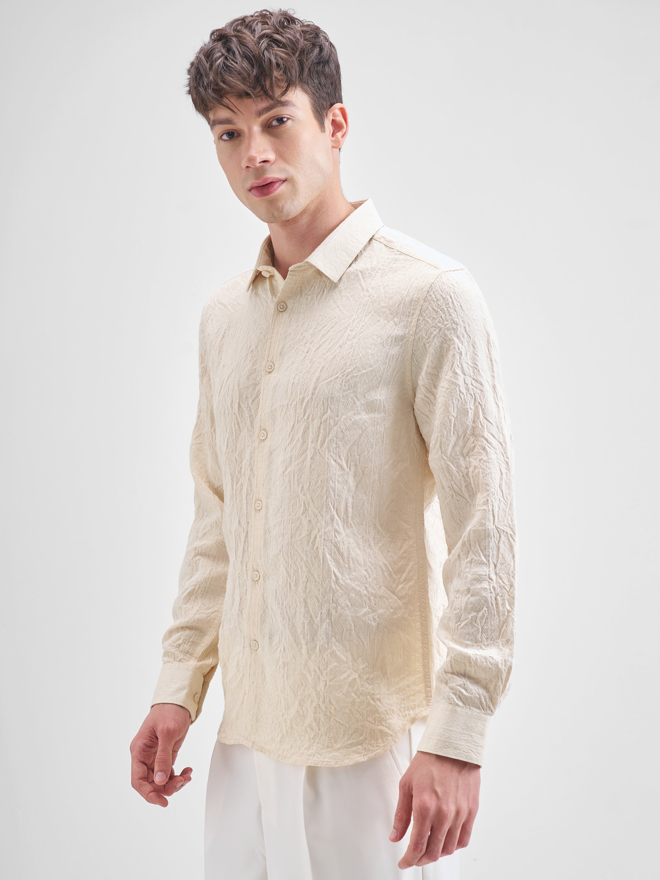 Highlander Men Beige Crushed Slim Fit Casual Shirt - Beige - Image 4