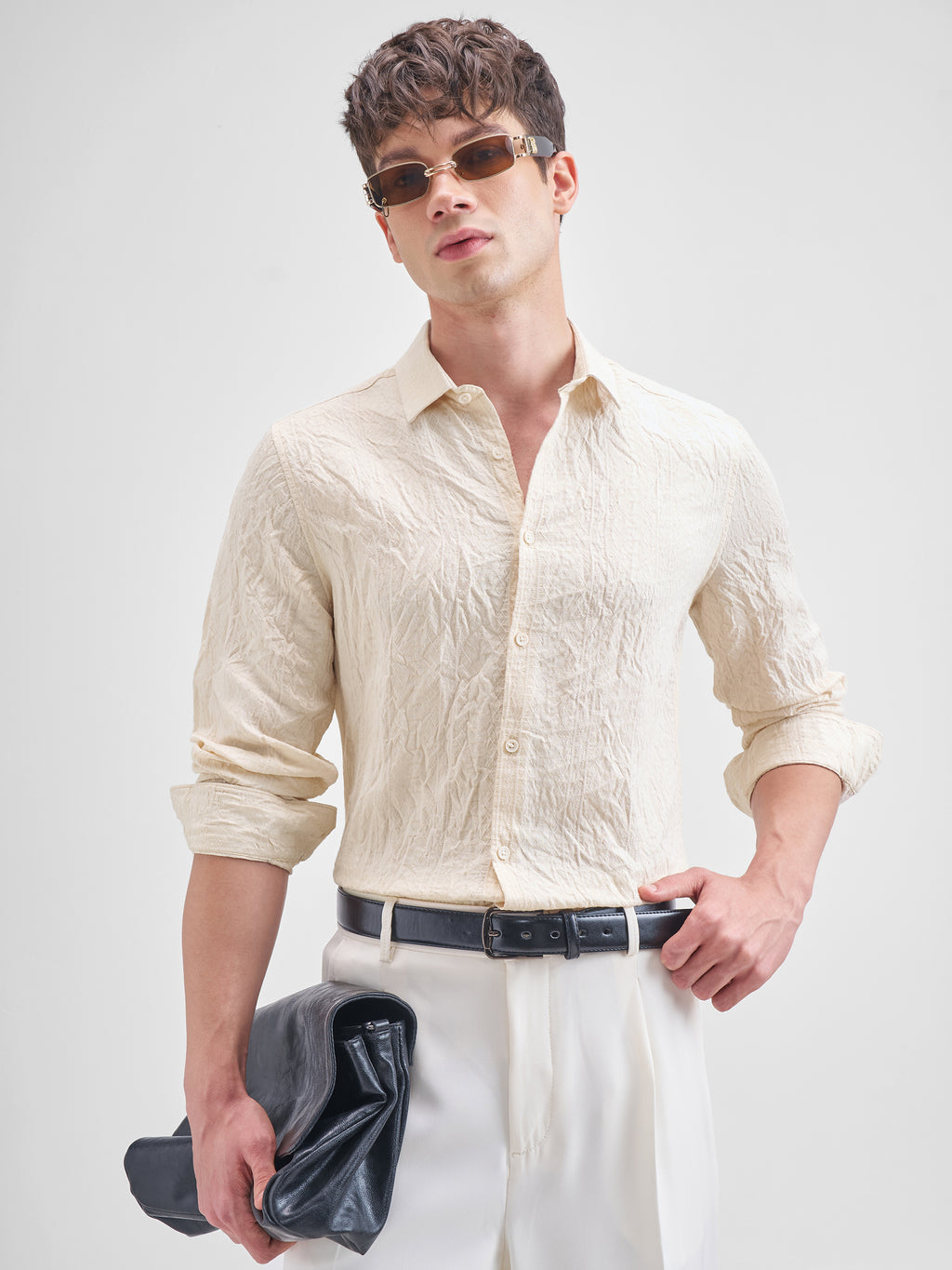 Highlander Men Beige Crushed Slim Fit Casual Shirt - Beige - Image 6