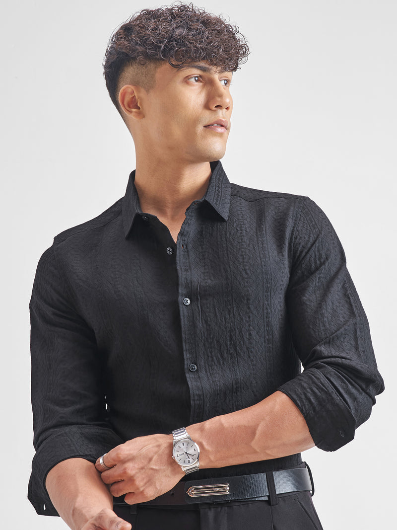 Highlander Men Black Crushed Slim Fit Casual Shirt - Black - Image 1