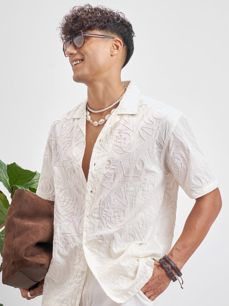 Highlander Men Cream Embroidered Relaxed Fit Casual Shirt - Cream - Image 1